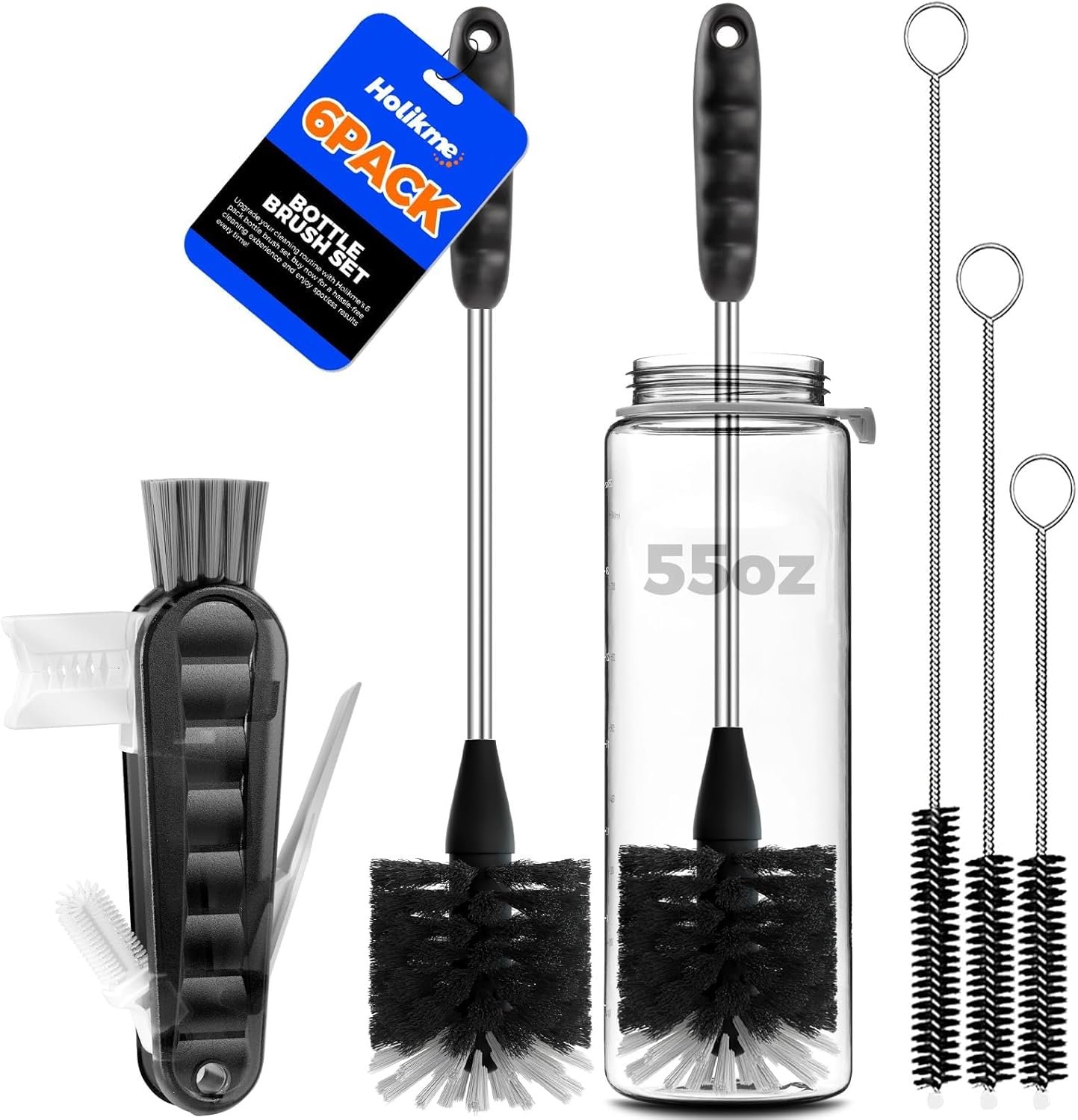Holikme 6 Pack Bottle Brush Set, 14″ Long Handle Stainless Steel Bottle Cleaner Brush, 3 Straw Brushes, 4-in-1 Bottle Cleaning Brush for Water Bottle, Antistatic Lab Brushes Straws, Black