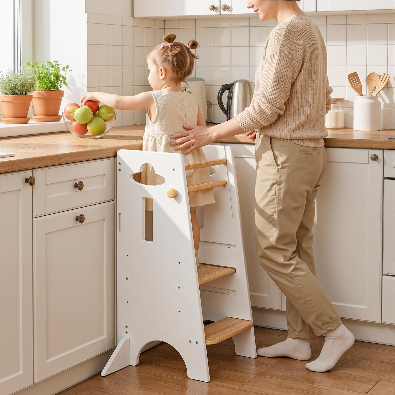 COSYLAND Toddler Standing Tower Adjustable Height (NO Wide Back Panel) – Super Stable Toddler Kitchen Stool Helper – 3 Levels Adjustable Wooden Kids Kitchen Stool (Natural & White)