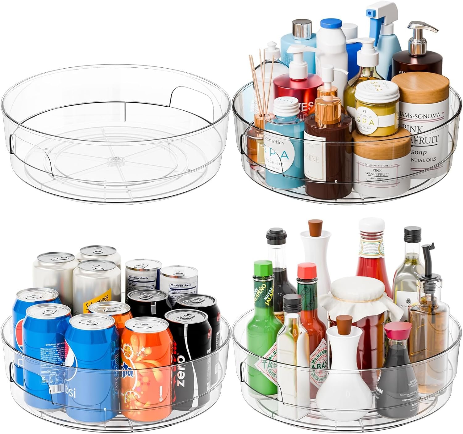 Yieach 4 Pack 12″ W Clear Acrylic Lazy Susan Turntable for Cabinet,Refrigerator,Pantry and Kitchen – with Handle – Large Fridge Sauce Condiment Turn Table Organizer,Spinning Round Spice Rack Carousel
