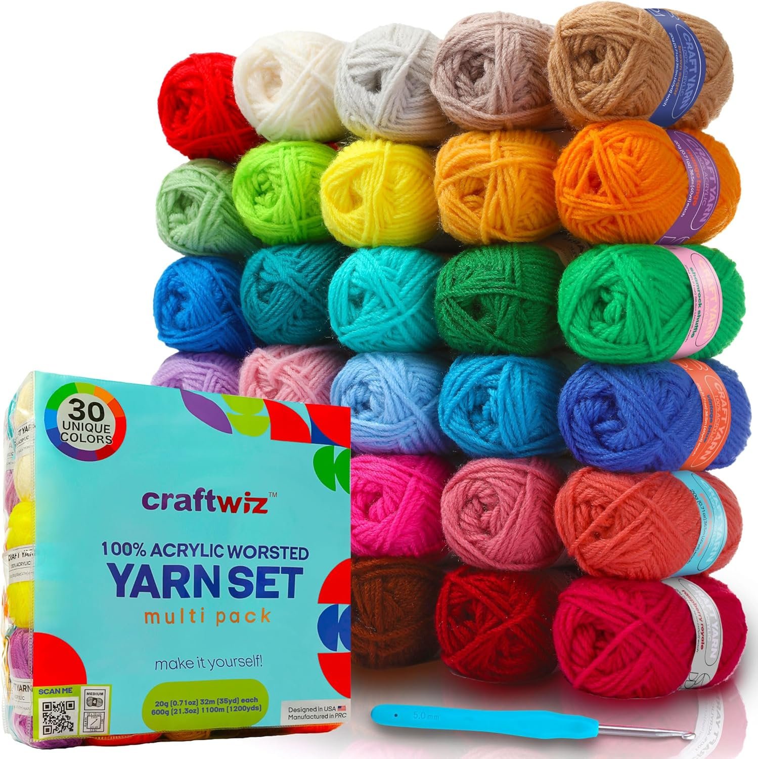 CRAFTWIZ 100% Acrylic Yarn for Crocheting and Knitting – 30x20g Skeins of #4 Worsted Weight, 1200 Yards of Soft Yarn, Perfect for Amigurumi and Other Small Crafts Projects
