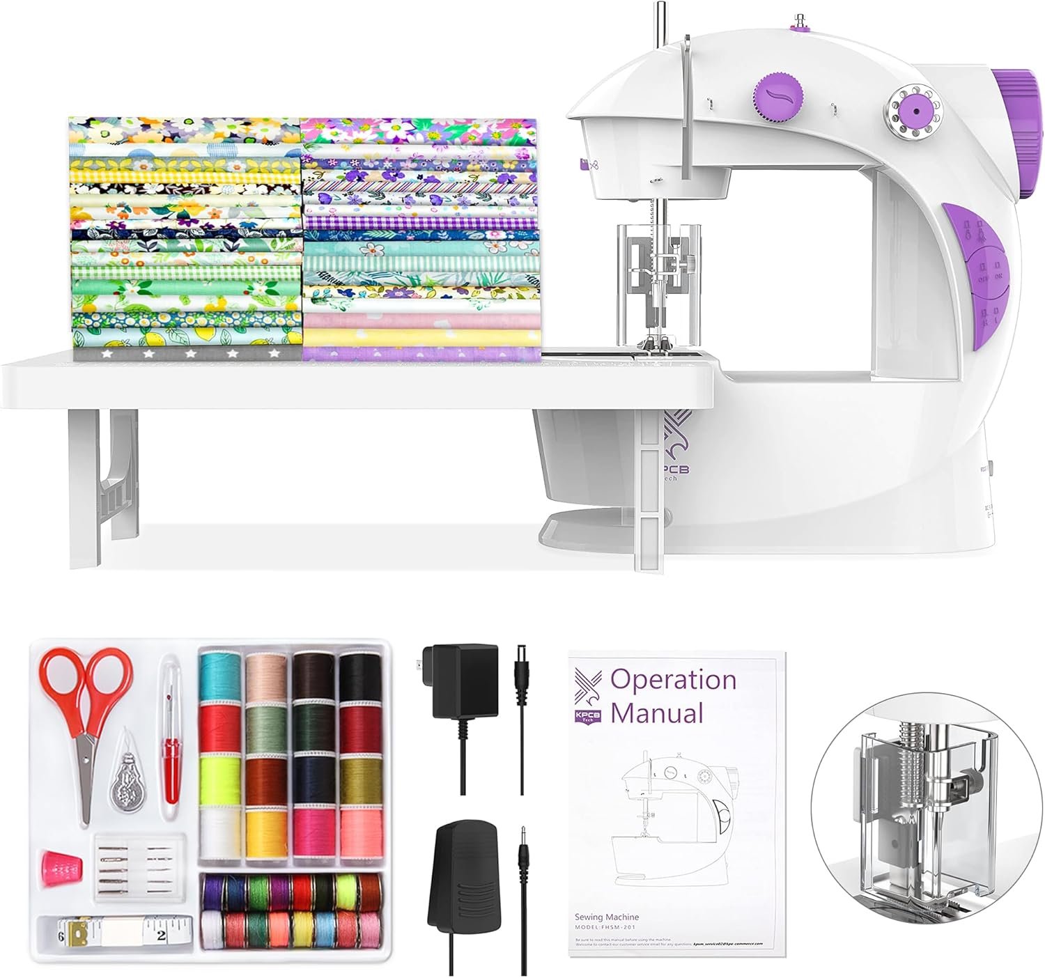 Sewing Machine for Beginners [Full Set] with Finger Guard and Fabric Bundles – Mini Sewing Machine with Sewing Kits, Foot Pedal, US Adapter and Extension Table