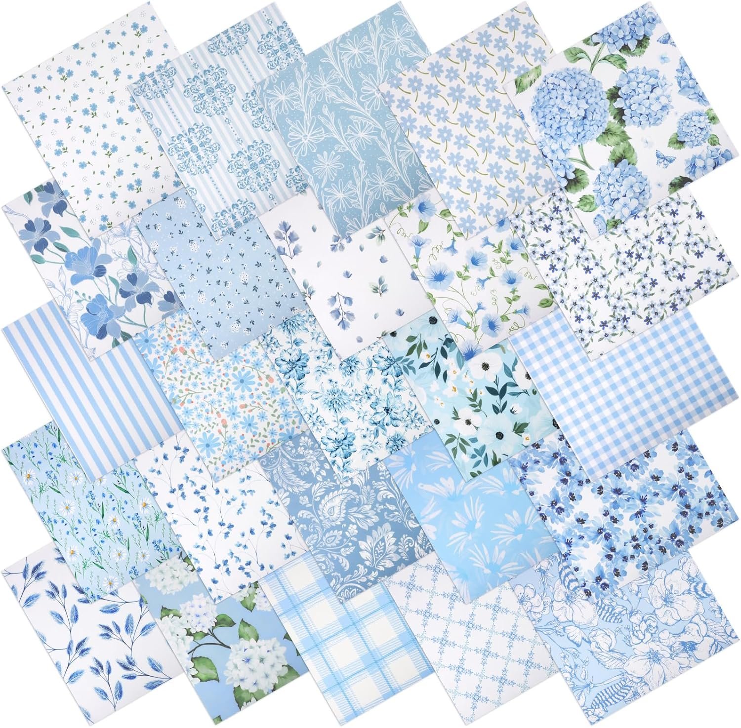 25 Pcs Blue Quilting Fabric Scraps, 10”x10” Blue Cotton Fabric Squares Vintage Precut Quilt Kits Include Floral Stripes Printed Pattern for DIY Craft Supplies