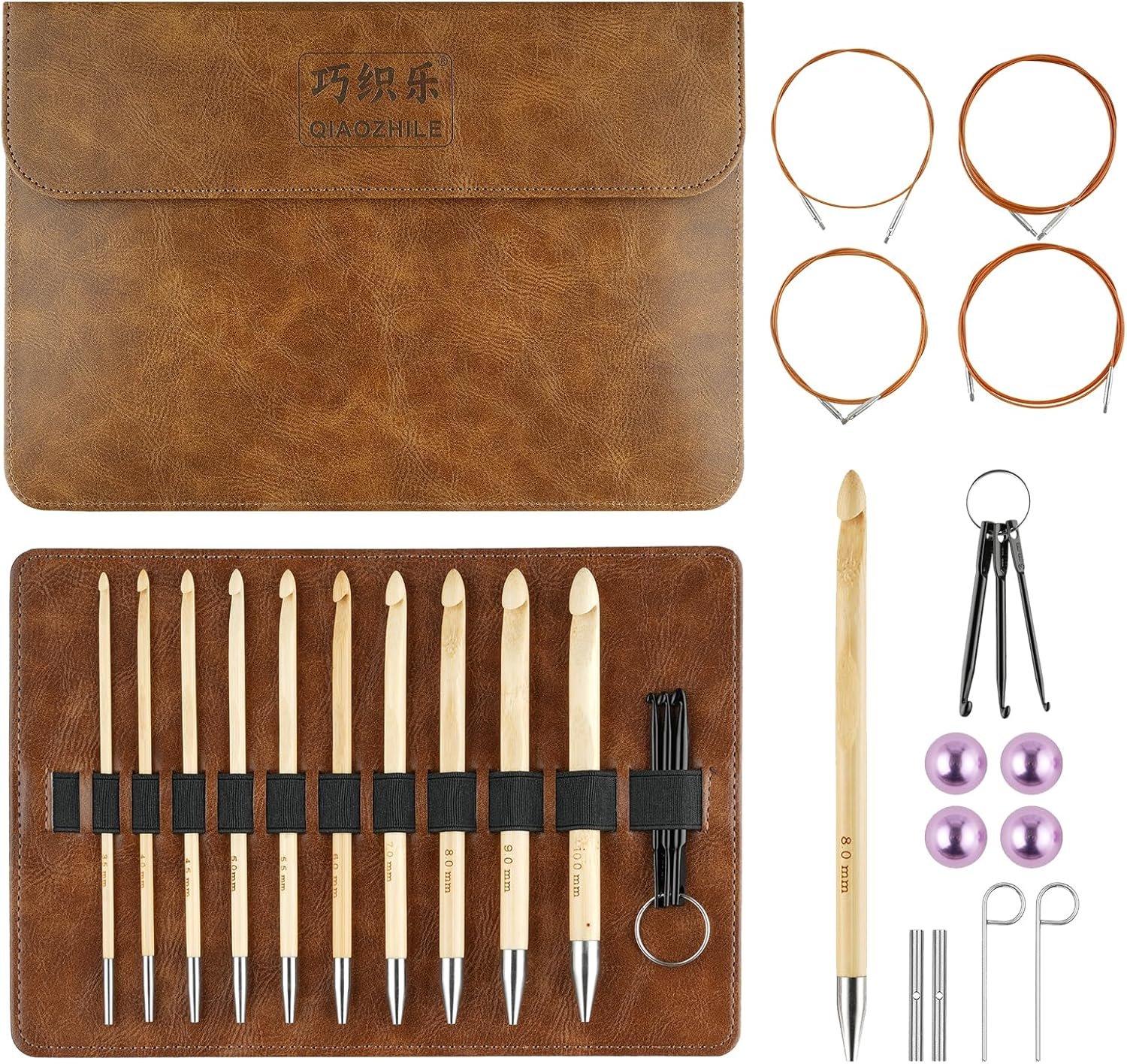 Bamboo Tunisian Crochet Hooks Set, Warm & Lightweight Interchangeable Crochet Hook with Cable 3.5mm-10mm Ergonomic Crochet Hooks for Arthritic Hands 10Pic
