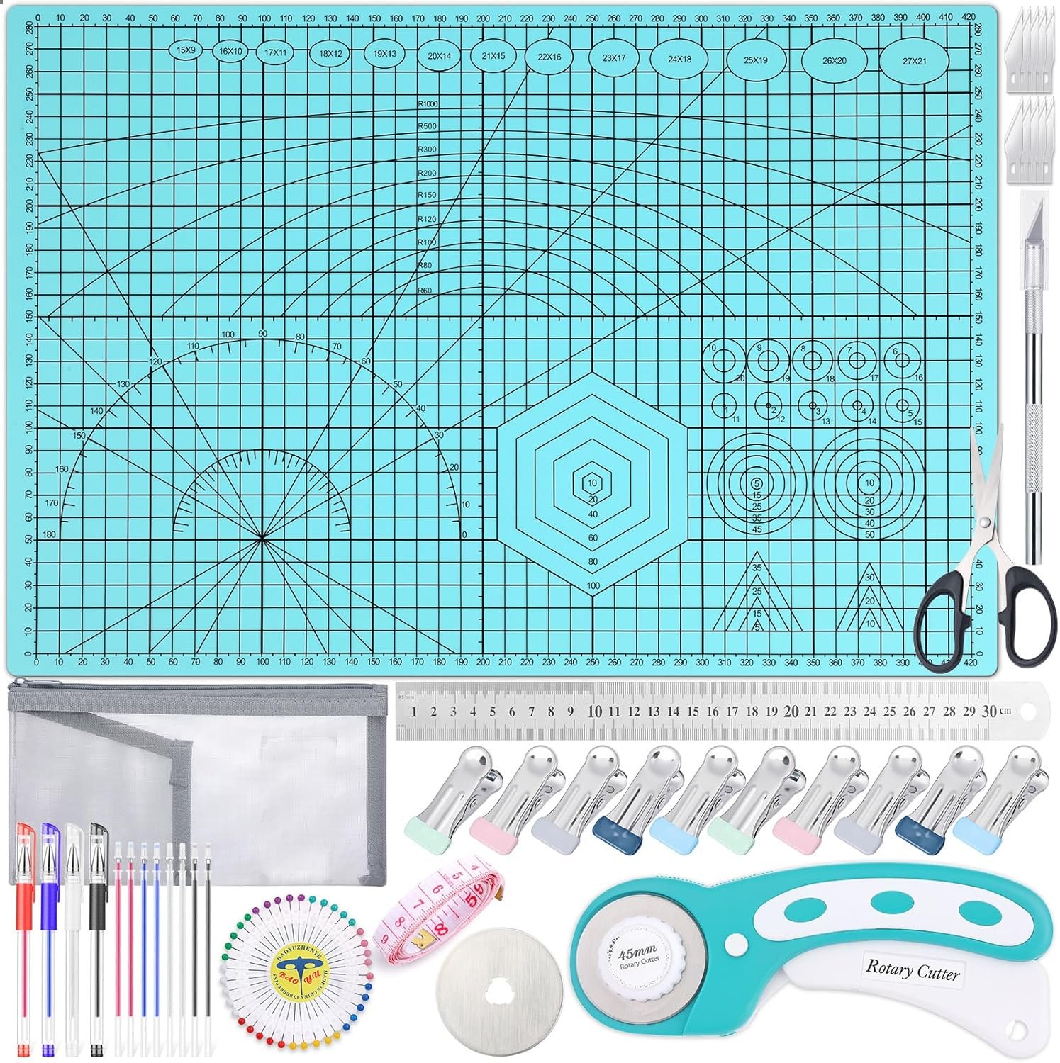 Rotary Cutting Mat and Tools Set, Audab 45mm Fabric Cropping Cutter Wheel with A3 Self Healing Sewing Mat, Blades, Quilting Ruler and Clips, Crafts Knife for Shirt Cloth Patchworking Scrapbooking