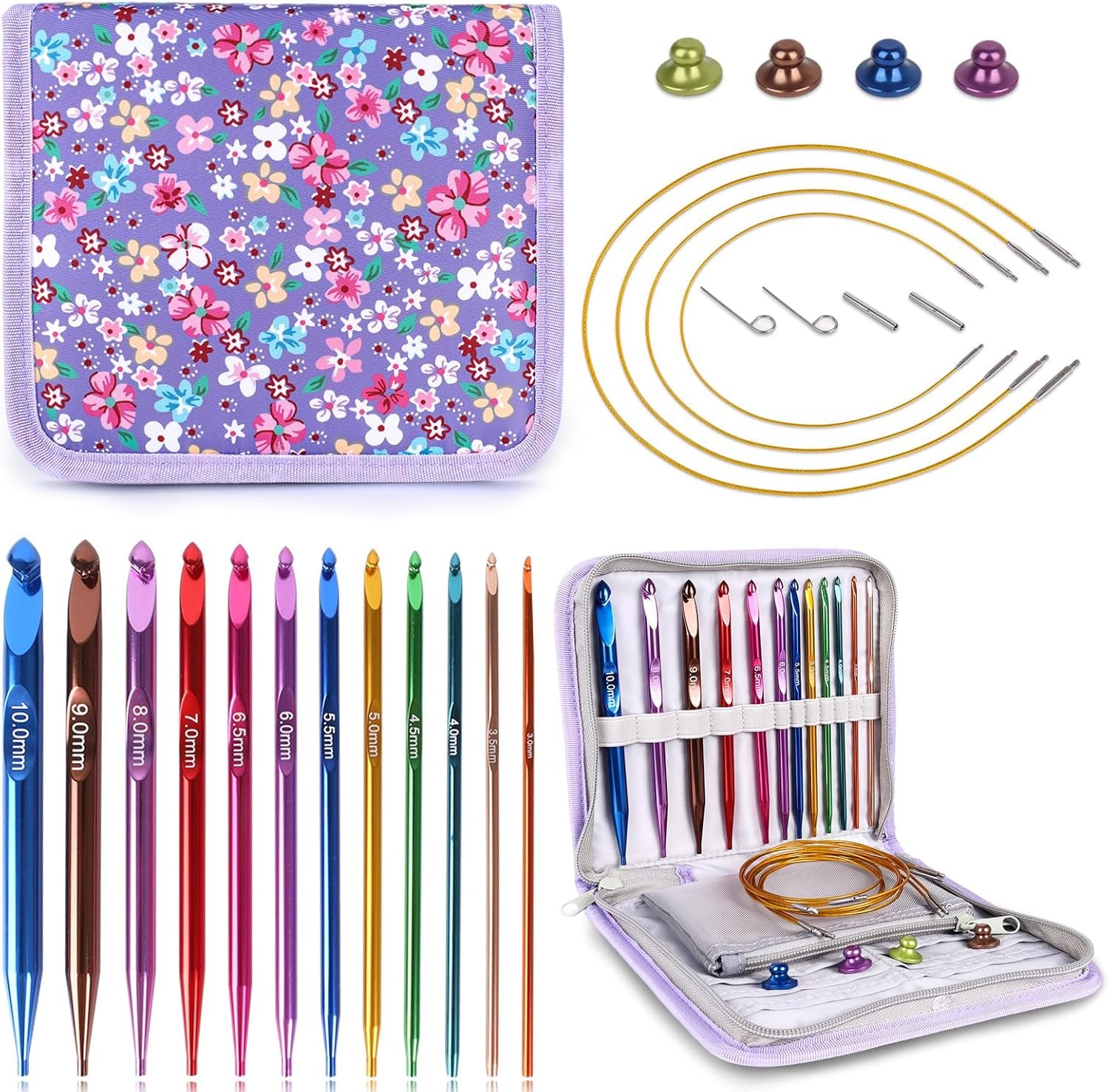 Reessy Interchangeable Tunisian Crochet Hooks Set – 12 Sizes (3.0–10mm) Aluminum Crochet Hooks with 4 Cables, Accessories & Floral Storage Bag – Detachable Afghan Crochet Hook Kit