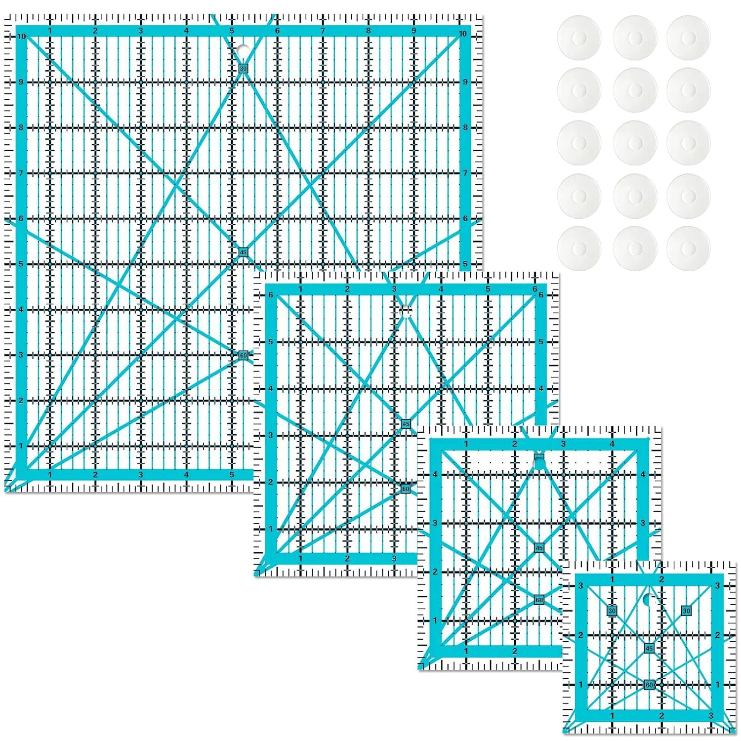 Quilting Rulers 4 Square Ruler Quilting Templates,Quilting Ruler Acrylic Rulers, with Non-Slip Rings for Quilting and Sewing, (3.5” x 3.5”, 5” x 5”, 6.5” x 6.5”, 10.5”x 10.5”)