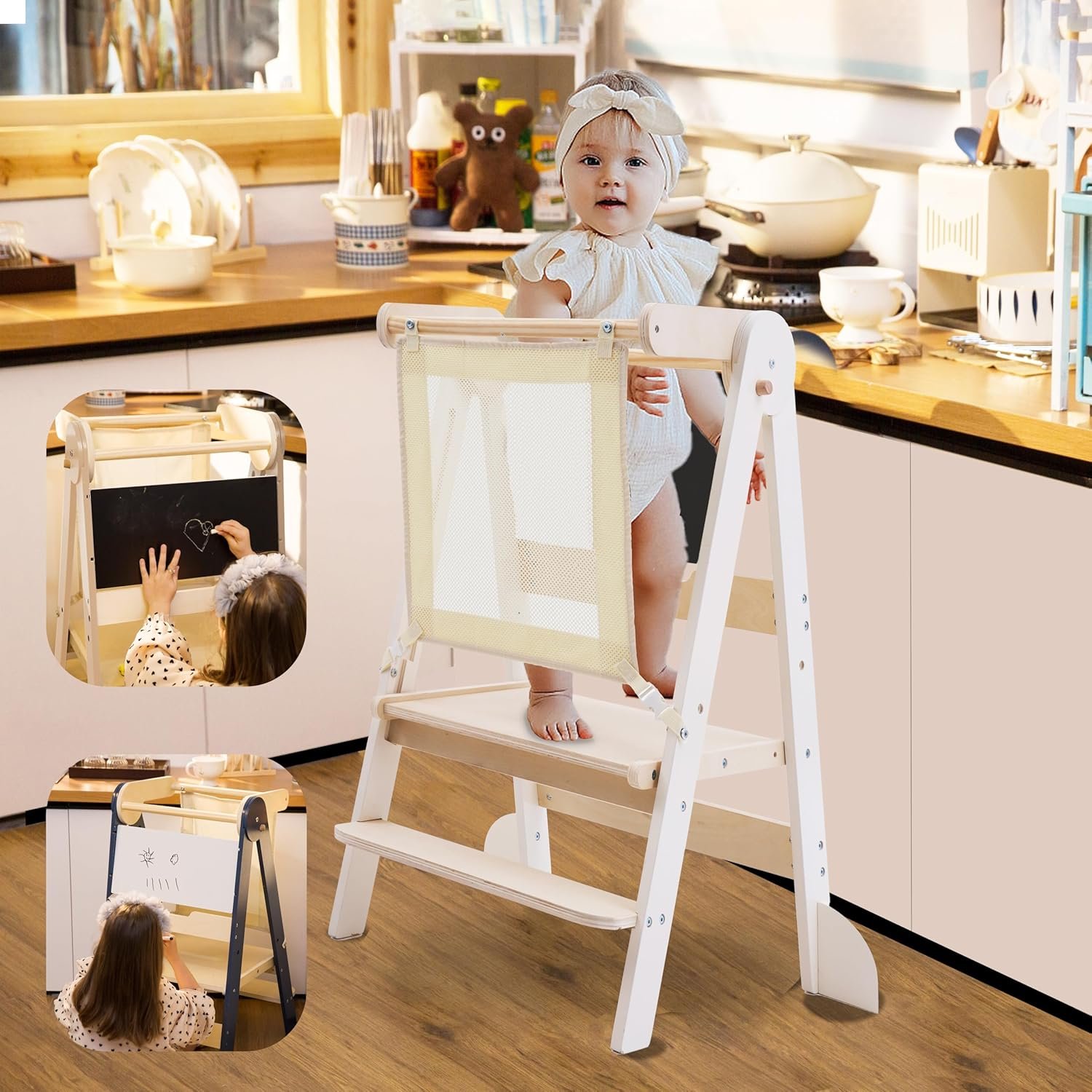 Foldable Toddler Standing Tower,2-Adjustable Height Kids Step Stool,Wooden Kitchen Helper with Whiteboard & Chalkboard,Anti-Tip Safety Rails Montessori Helper for Learning,Cooking, Ages 1-4 Years