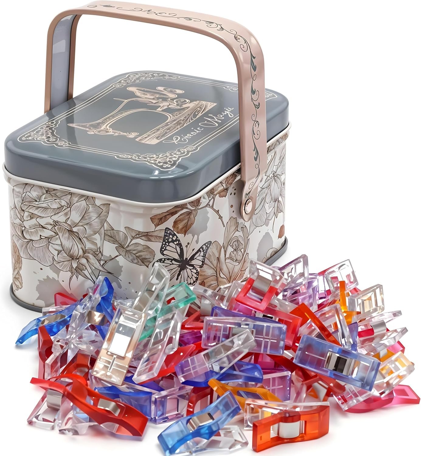 Performore Magik Clips, 100-Pack Multicolored Sewing Clips for Quilting & Crafts – Includes Decorative Butterfly Tin for Storage. Ideal for Precise Sewing, Fabric Holding, and Creative Craft Projects
