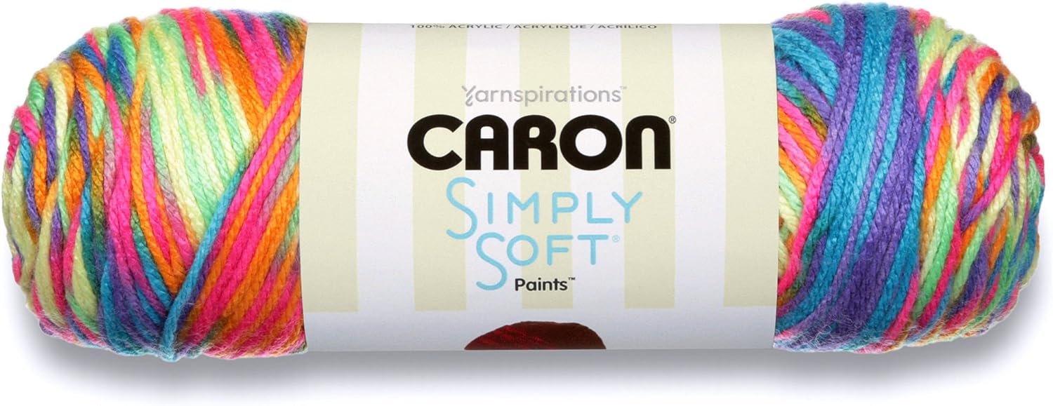 Caron Simply Soft Paints Yarn (4) Medium Worsted Gauge 100% Acrylic – 5oz – Rainbow Bright – Machine Wash & Dry