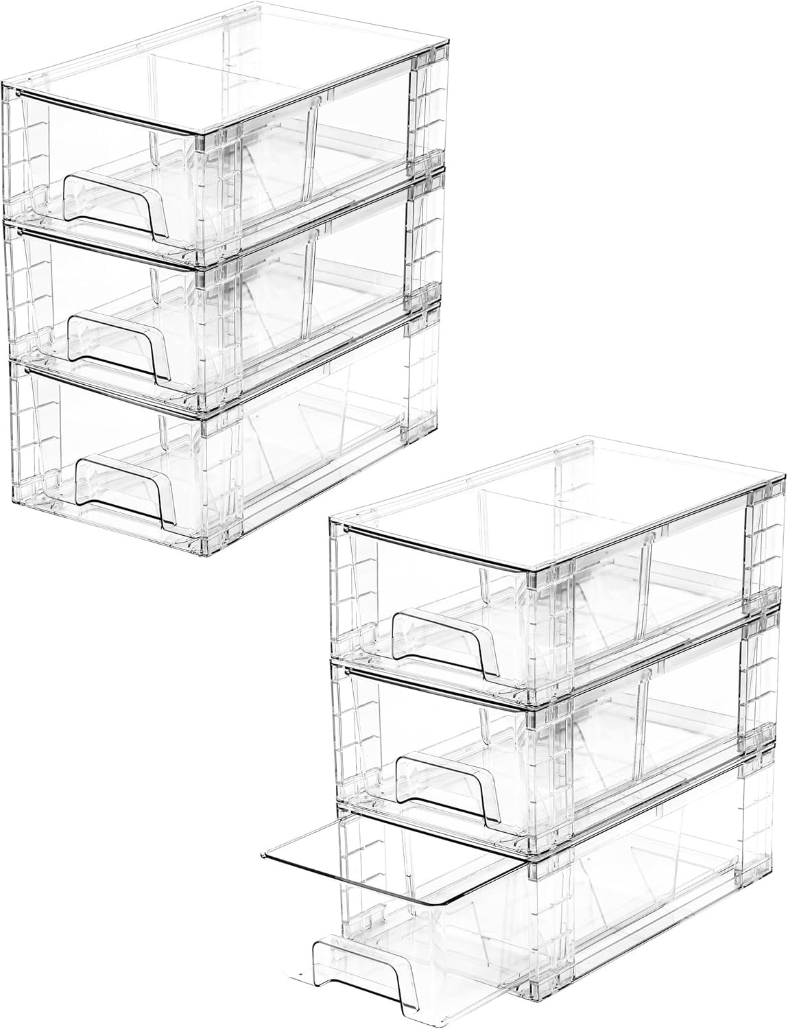 6 Pack Stackable Storage Drawers,Plastic Organizers Bins, Drawers Storage with Handles and Movable Dividers for Organization and Storage in Fridge,Bathroom, Pantry, Kitchen Cabinets, Under Sink