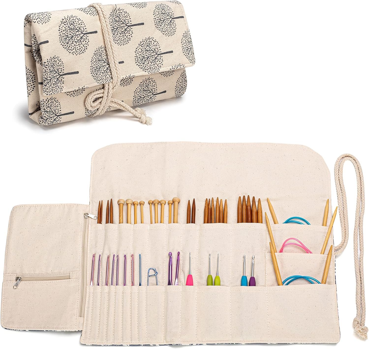 Teamoy Knitting Needles Holder Case(up to 11 Inches), Rolling Organizer for Straight and Circular Knitting Needles, Crochet Hooks and Accessories, Tree – NO Accessories Included