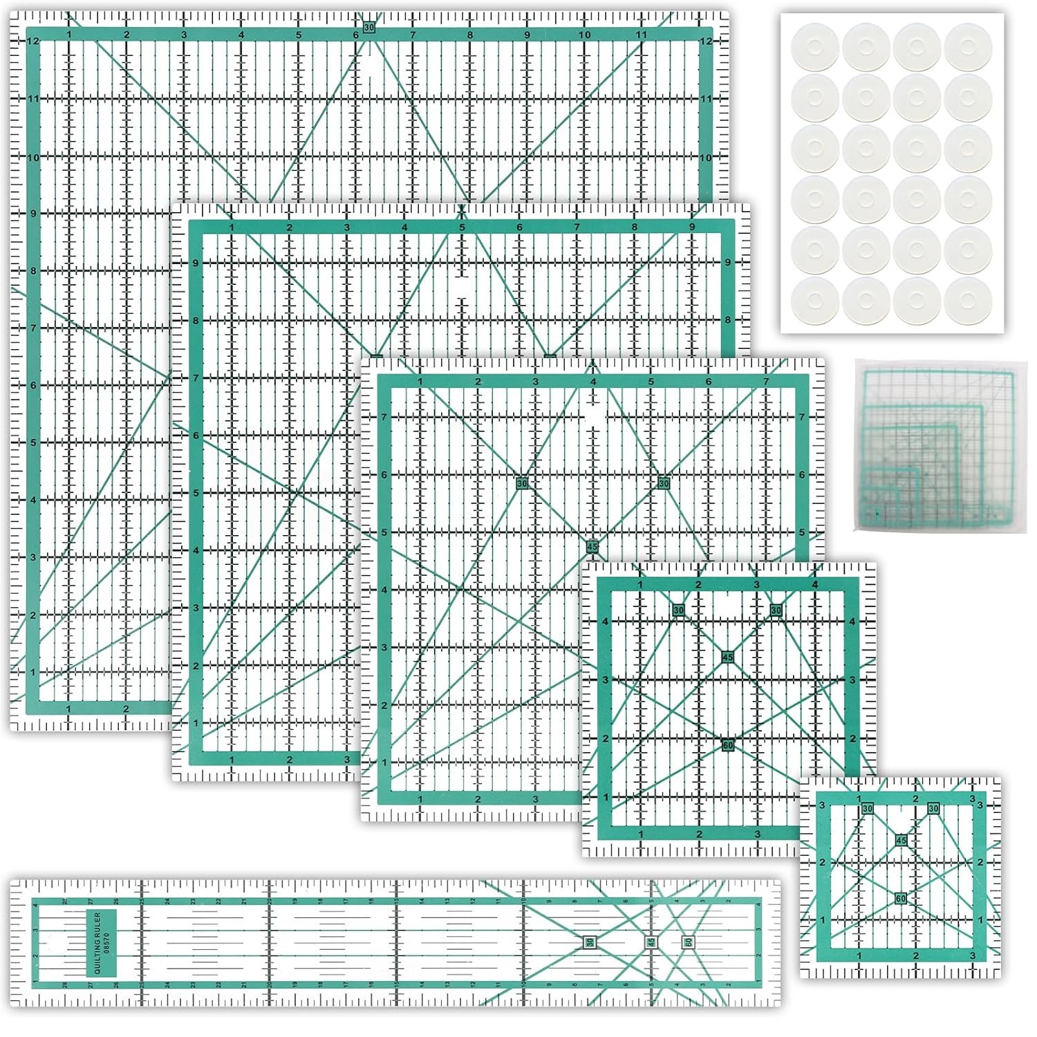 6 Pcs Quilting Rulers and Templates, Quilt Ruler, Acrylic Square Ruler, with Silicone Non-Slip Mat and Storage Bag (3.5″x3.5″, 5″x5″, 8″x8″, 10″x10″, 12.5″x12.5″, 2″x12″)