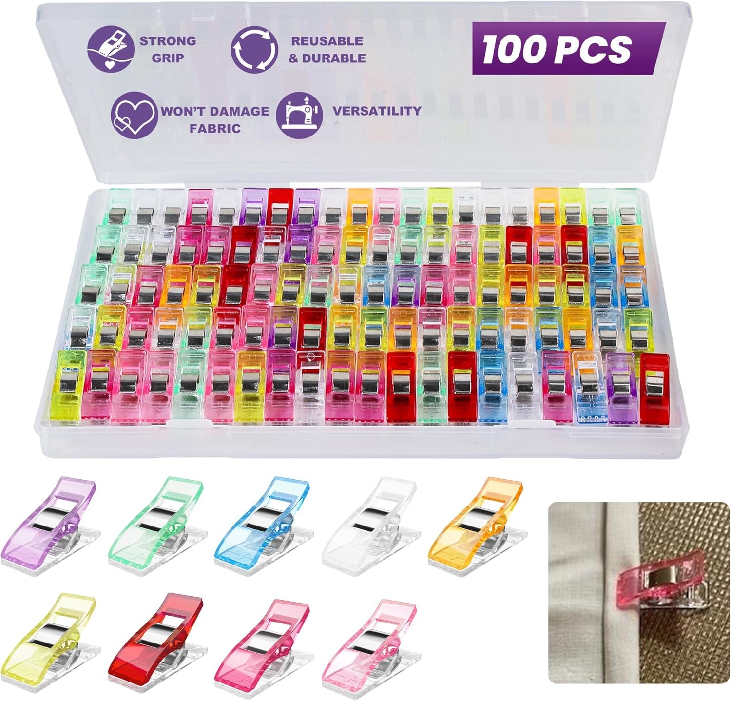 100PCS Sewing Clips with Storage Box – Strong Grip, No Pin Marks, Multi-Colored Quilting Clips for Fabric, Crafts & Sewing Projects