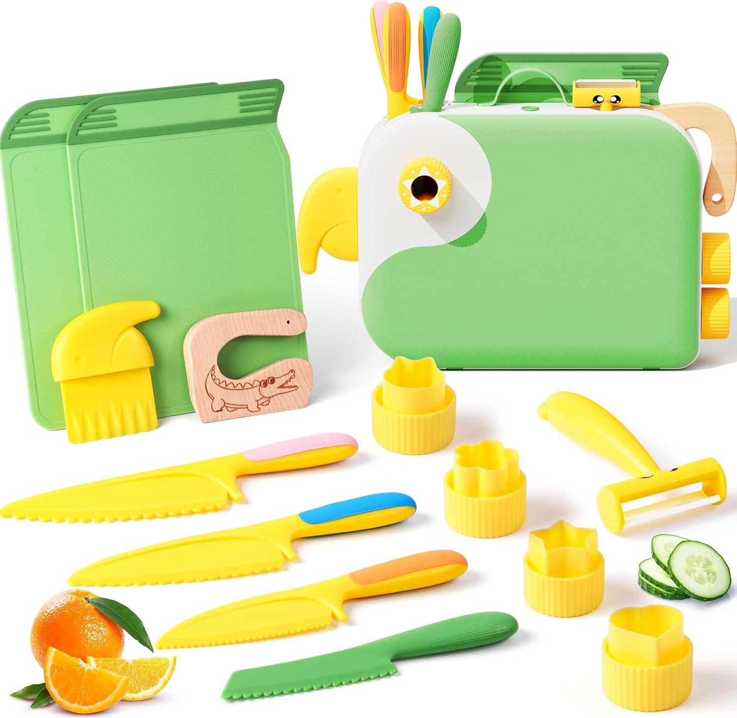 Montessori Kitchen Tools for Toddlers with Storage Box-Kids Cooking Set Real,Safe PP Material Toddler Kitchen Tools for Real Cooking,Dishwasher Safe,Fun Bird-Shaped Organizer Toddler Knife Set