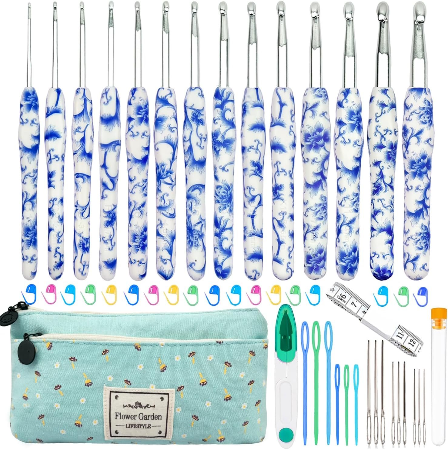 Hobekoee 14 Sizes Crochet Hooks Set,2.25mm(B)-10mm(N) Ergonomic Handle Crochet Hook for Arthritic Hands,Long Crochet Needles Set with Case for Beginners and Enthusiasts