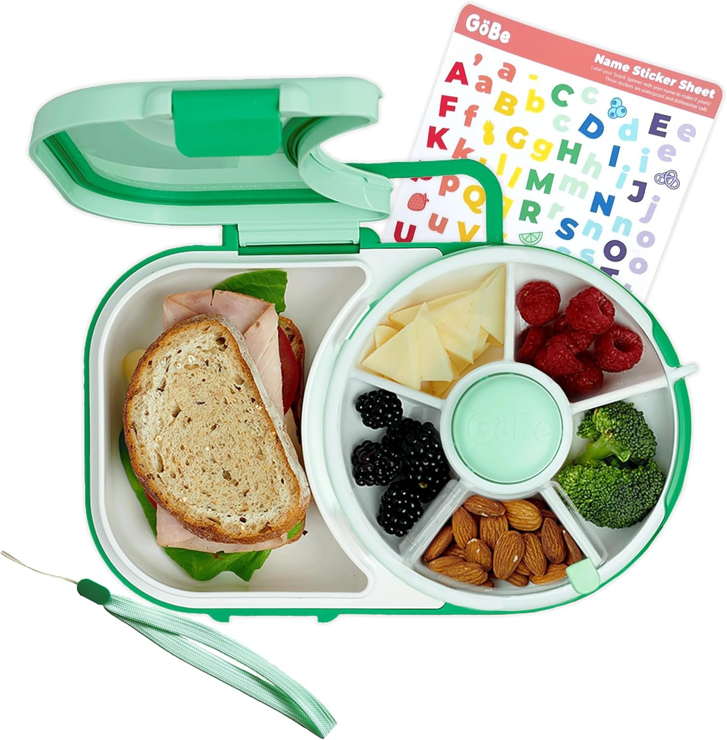 GoBe Kids Lunchbox with Small Snack Spinner Flip – Bundle with Hand Strap & Sticker Sheet, 2-in-1 Bento Style Lunch Container, 5 Small +1 Large Sandwich Compartment, BPA & PVC Free – Mint Green