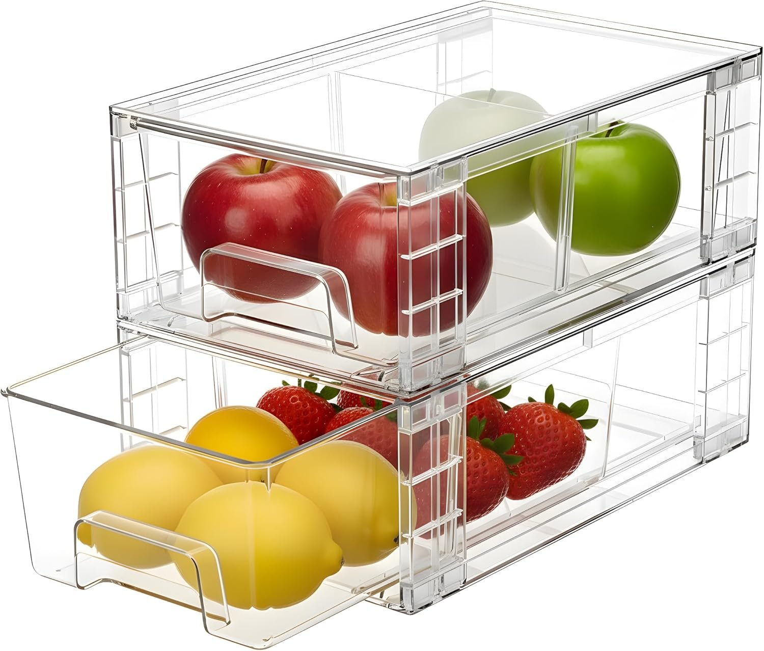 2 Pack Stackable Storage Drawers,Plastic Organizers Bins, Drawers Storage with Handles and Movable Dividers for Organization and Storage in Fridge,Bathroom, Pantry, Kitchen Cabinets, Under Sink