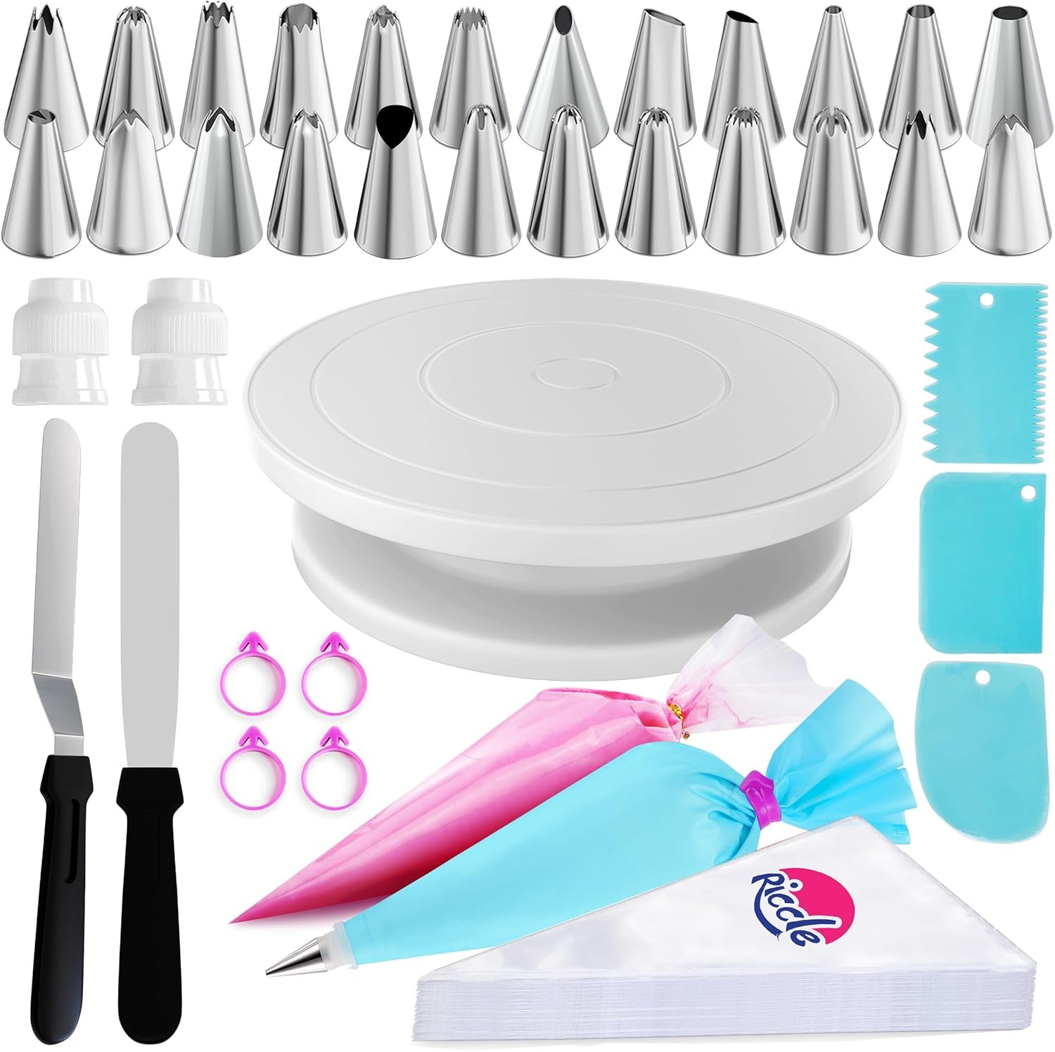 Riccle 88 pcs Cake Decorating Kit with Cake Turntable – Includes 50 Disposable + 2 Reusable Piping Bags and Tips Set, 24 Icing Piping Tips, 2 Spatulas, 3 Icing Comb Scraper, Baking Supplies