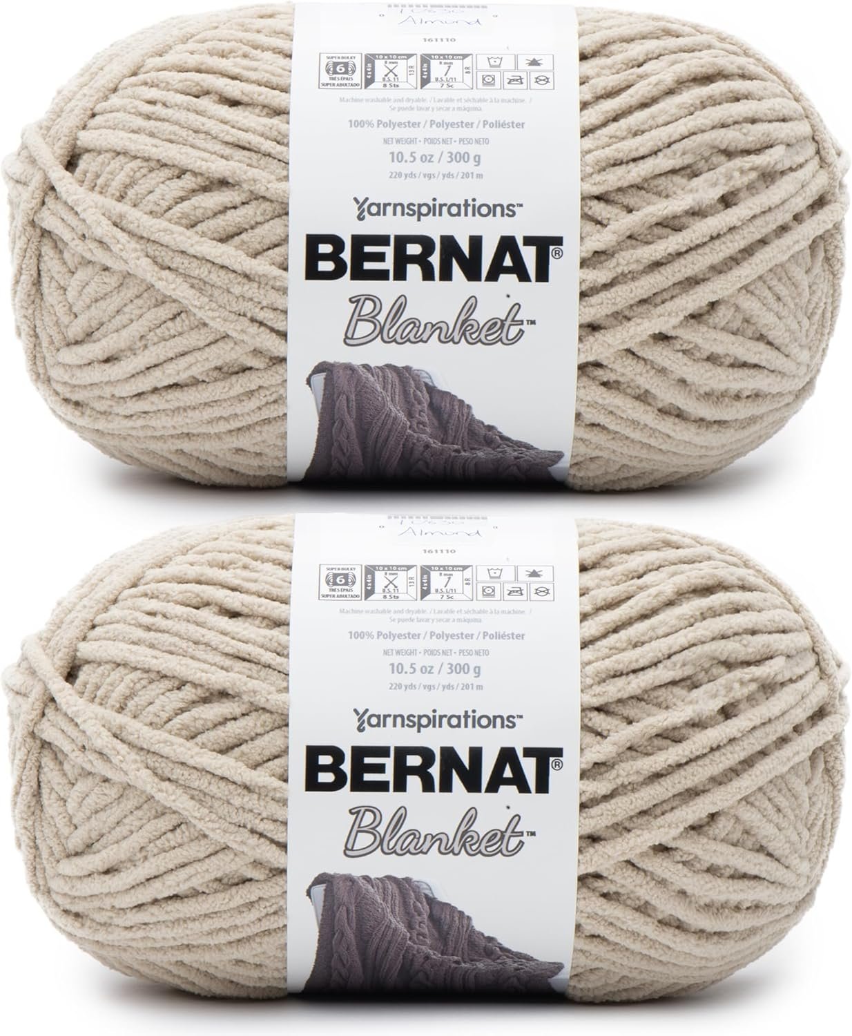 Bernat Blanket Super Bulky Acrylic Yarn – 2 Pack of 300g/10.5oz #6 Chunky Chenille Heavy Weight Yarn for Knitting and Crocheting, Amigurumi, Thick Blankets (Almond, 220 Yards 2-Pack)
