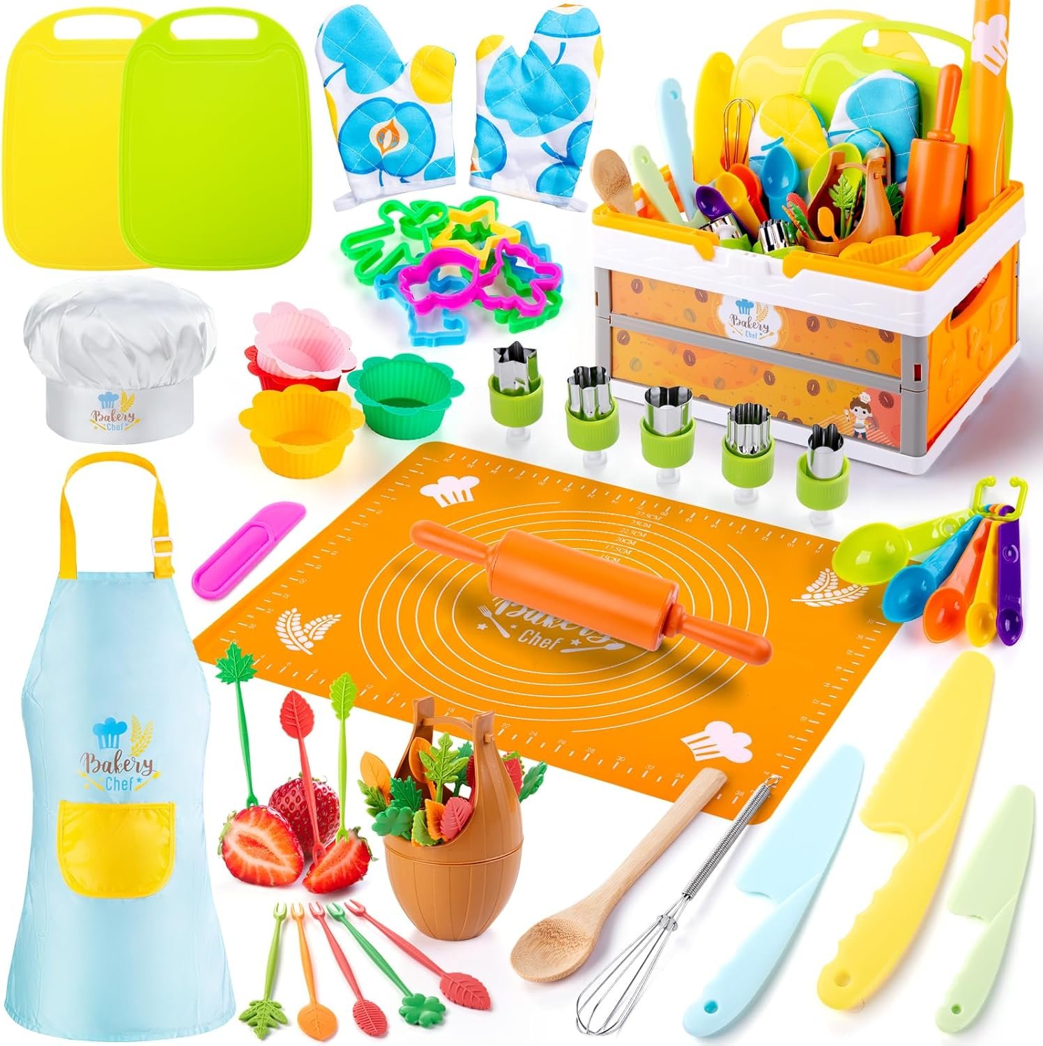 EFO SHM 52 PCS Kids Cooking Sets, Montessori Pretend Play Kitchen Toys for Real Cooking Baking, Toddler Knife Set with Chef Hat & Apron, Kids Baking Set for Boys Girls Christmas Birthday Gift