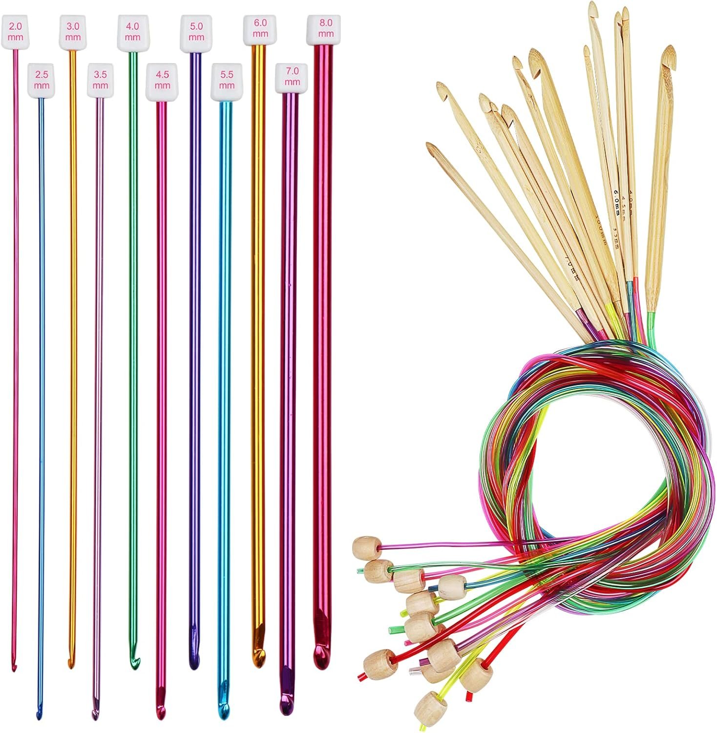 Aeelike Tunisian Crochet Hook Set – 11pcs Afghan Long Crochet Hooks 2-8 mm Aluminum & 12pcs Bamboo Hooks 3-10 mm with Plastic Cable, Colorful