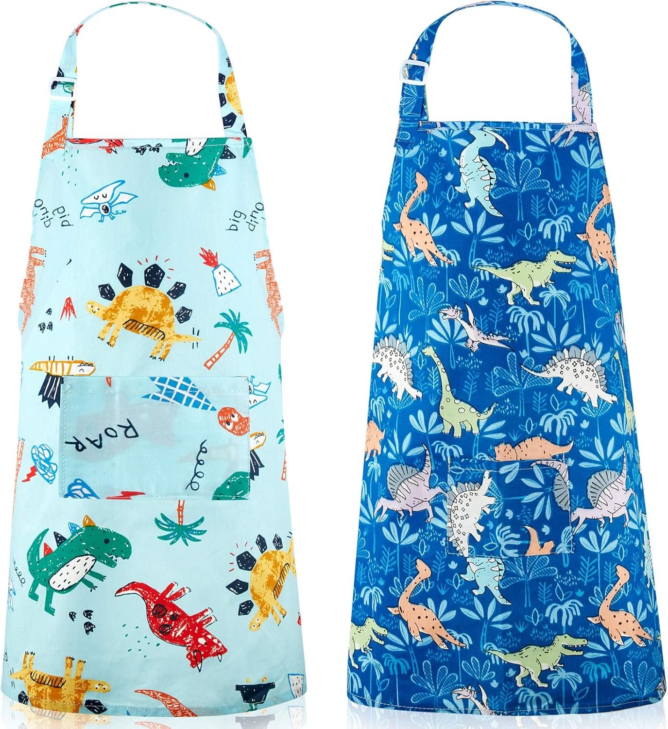 Geyoga 2 Pcs Kids Dinosaur Apron with Pocket for Boys Girls Cooking Kitchen Children Toddler Cartoon Apron with Adjustable Neck Strap for Cooking Baking Painting Kids Christmas Birthday Gift