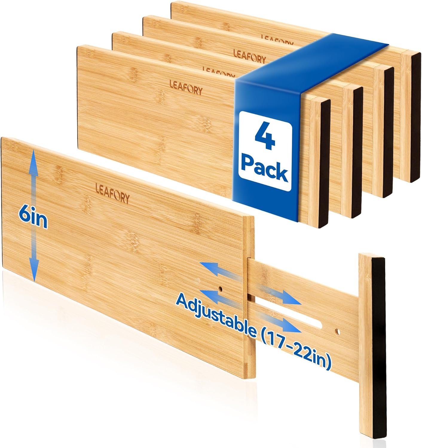 4 Pack Deep Drawer Dividers, 6″ High Bamboo Expandable Drawer Organizers, 17-22″ Adjustable Tension Separators, Large Drawer Dividers for Kitchen, Bedroom Dresser, Baby Nursery & Bathroom