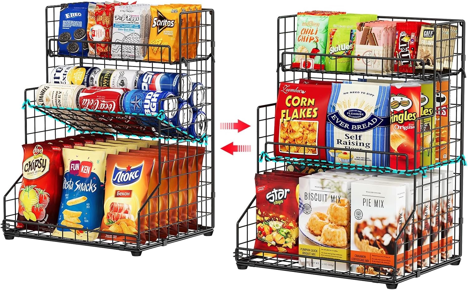 X-cosrack 3-Tier Snack Organizer Rack Bins with Adjustable Tilting Design for Pantry Storage,Metal Wire Snack Holder for Kitchen Bathroom Cabinets Countertops