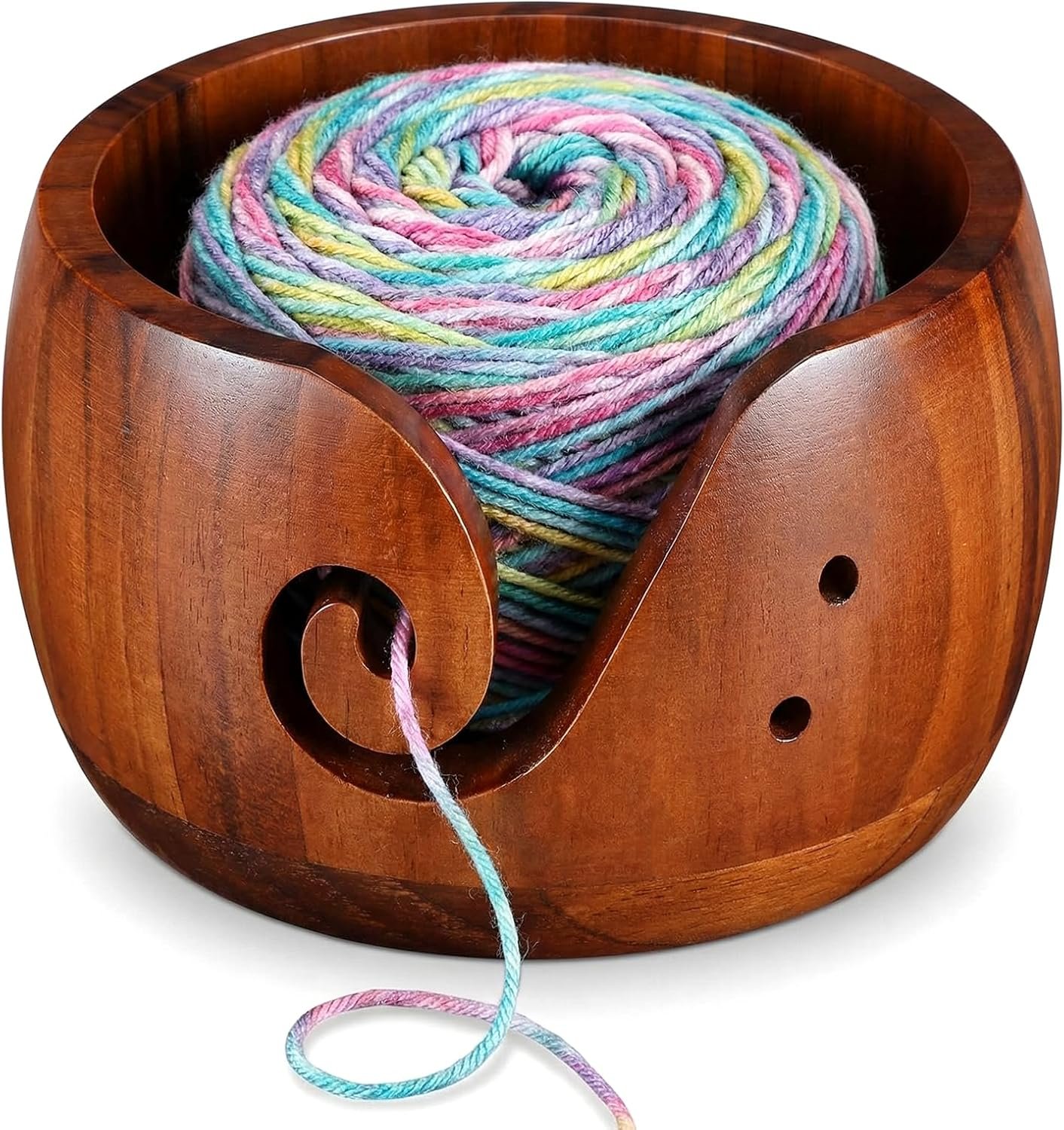 Wooden Yarn Bowl for Crocheting, Knitting Yarn Bowl with Holes Storage, Crochet Bowls for Yarn, Crochet Yarn Bowl for Crocheting and Knitting Lovers Gift(6″ x 6″ x 3″)