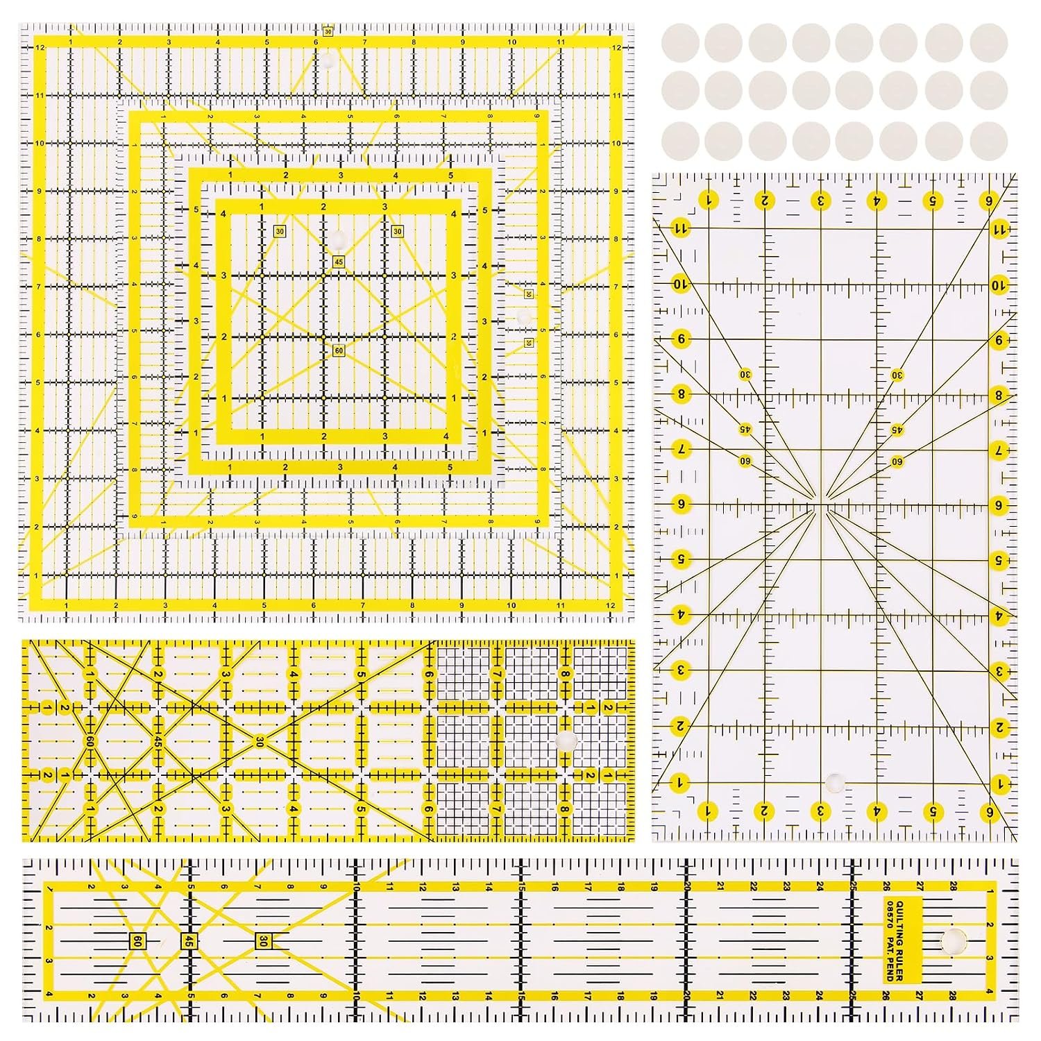 7 Piece Acrylic Quilting Rulers, Square Quilting Ruler Quilting Templates（4.5″X4.5″, 6″X6″, 9.5″X9.5″, 12.5″X12.5″,6.5″x12″,2″x12″,3″x9″），Sewing Ruler with 24 Non-Slip Rings