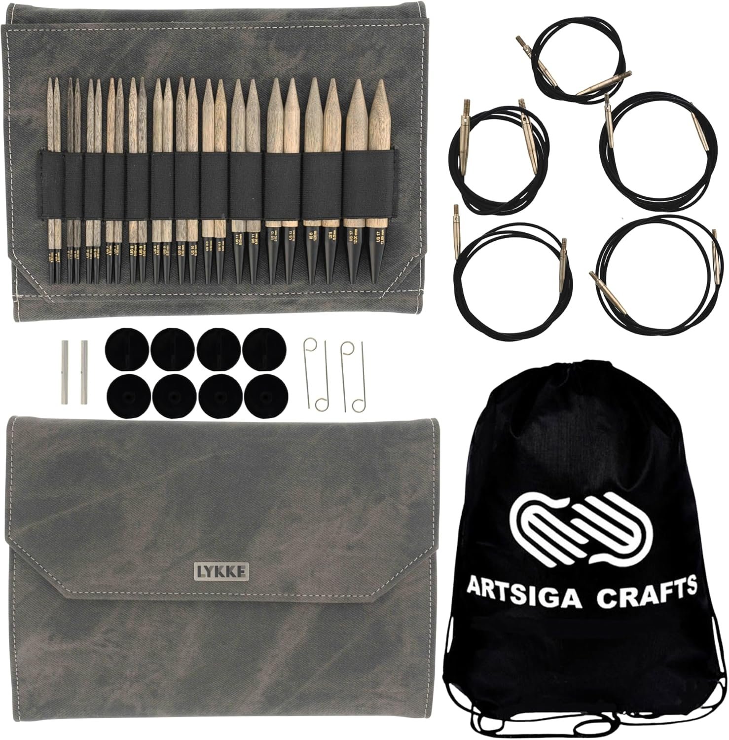 Lykke Driftwood 5 in. Complete Set US 4, 5, 6, 7, 8, 9, 10, 10.5, 11, 13, 15, 17 Interchangeable Circ. Knitting Needles for DK, Worsted, Super Chunky Yarn, Birch, 5 Cords, Grey DM Case, Project Bag