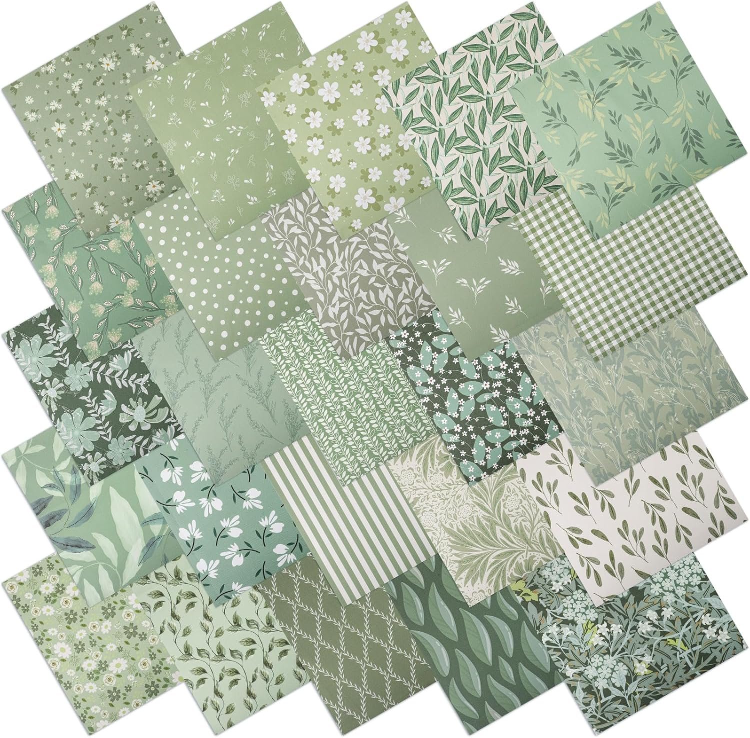 25 Pcs Sage Green Quilting Fabric Scraps, 10”x10” Green Cotton Fabric Squares Vintage Precut Quilt Kits Include Floral Pattern Spring Leaf Print for DIY Craft Supplies