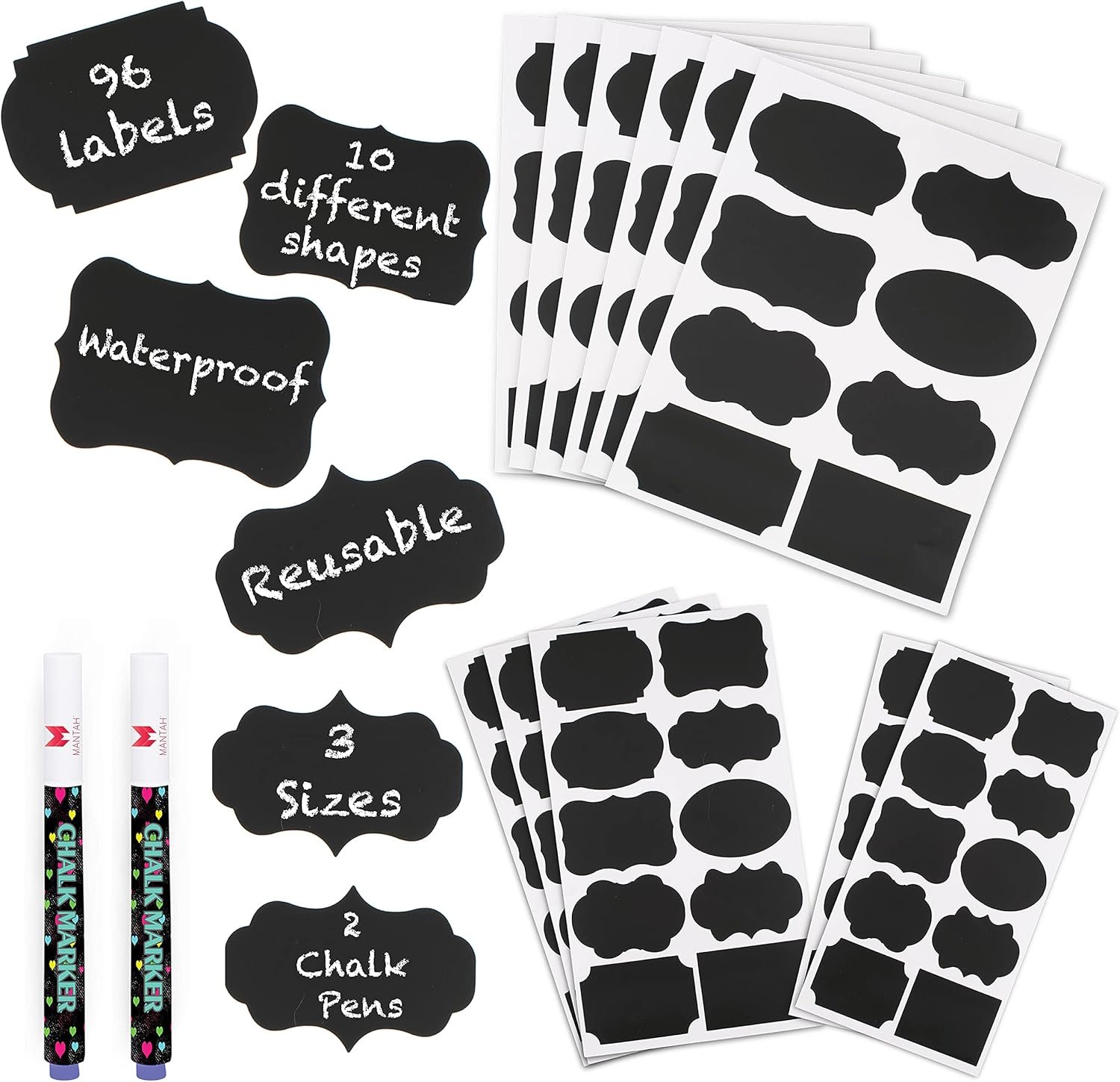 Mantah Chalkboard Label Stickers 96pcs – 9 Assorted Shapes in 3 Sizes with 2 White Chalk Marker, Reusable Waterproof Label for Storage Bin, Food Container, Jars, Containers