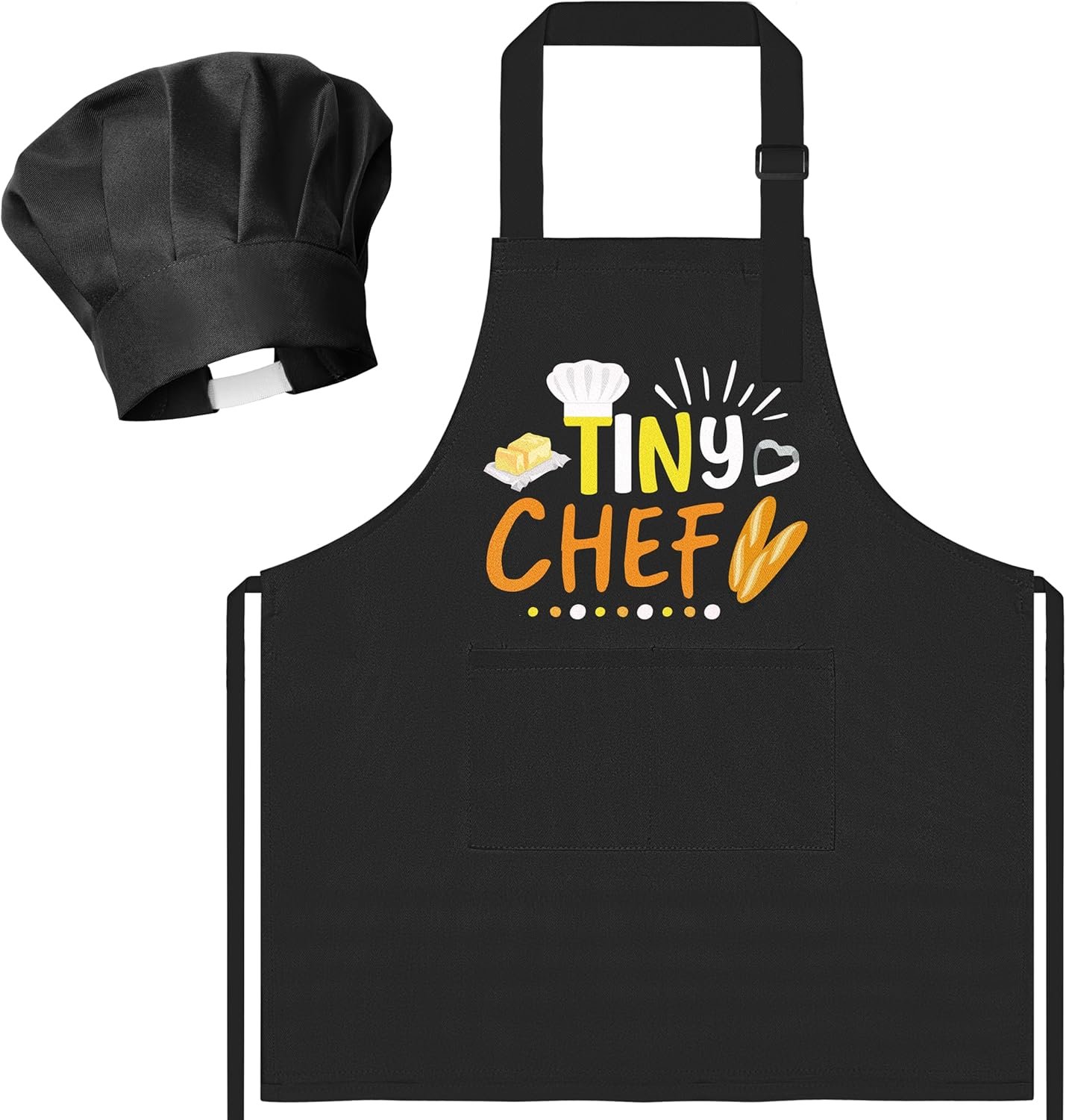 R HORSE Kid Apron and Chef Hat Set – 2Pcs Black Tiny Chef Adjustable Children Kitchen Toddler Apron with Pockets for Kids, Funny Dress up Pretend Play Toy Birthday Gift for Boy Cooking Baking Painting