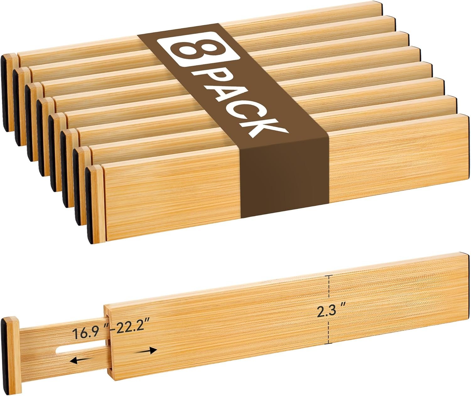 Bamboo Drawer Divider Set of 8, Adjustable Spring-Loaded Drawer Organizer (16.9″-22.2″), 2.3″ Height, Suitable for Kitchen, Desk, Bathroom, Clothing, and Miscellaneous Drawer Organization, Natural