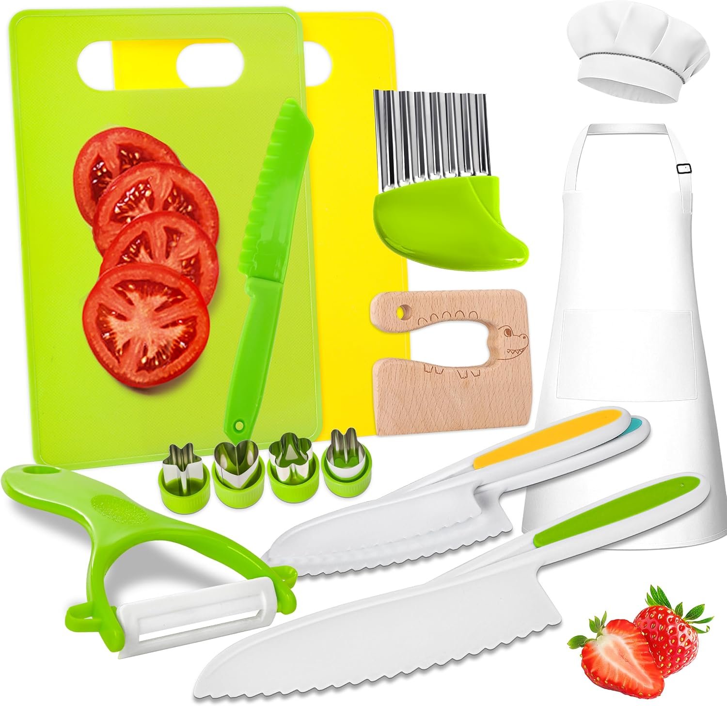 Montessori Kitchen Toys for Toddlers-Kids Knife Set for Real Cooking 15 Pieces Children Safe Knives Cooking Cutting Sets for Kids Toddler Toys Stocking Stuffers Gifts for Kids