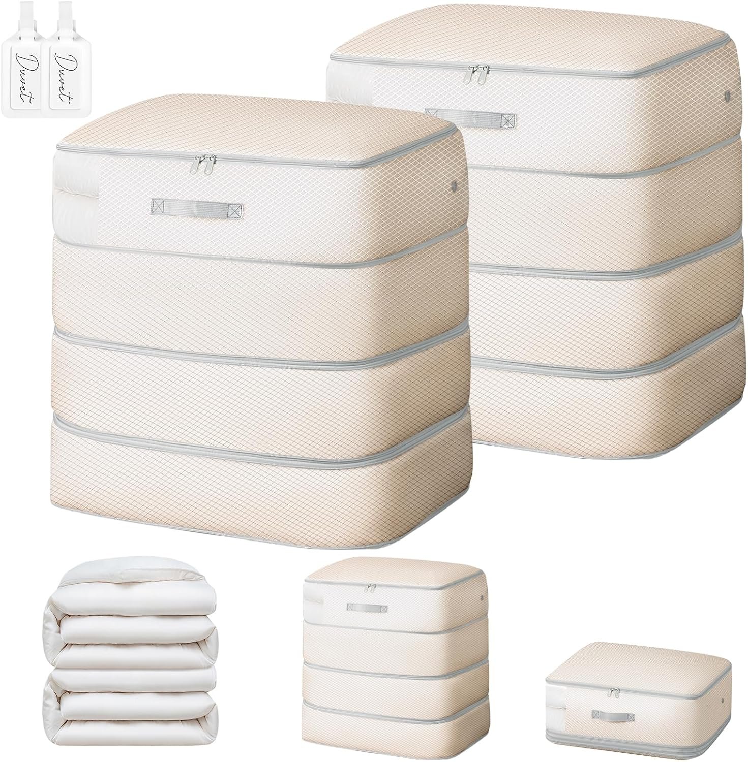 Comforter Storage Bag – 130L Large Capacity Blanket Storage Bags 4-Layer Ultra Space Saving Self Compression Organizer, Washable Compression Bags for Storage Comforter Blanket, 2-Pack, Beige