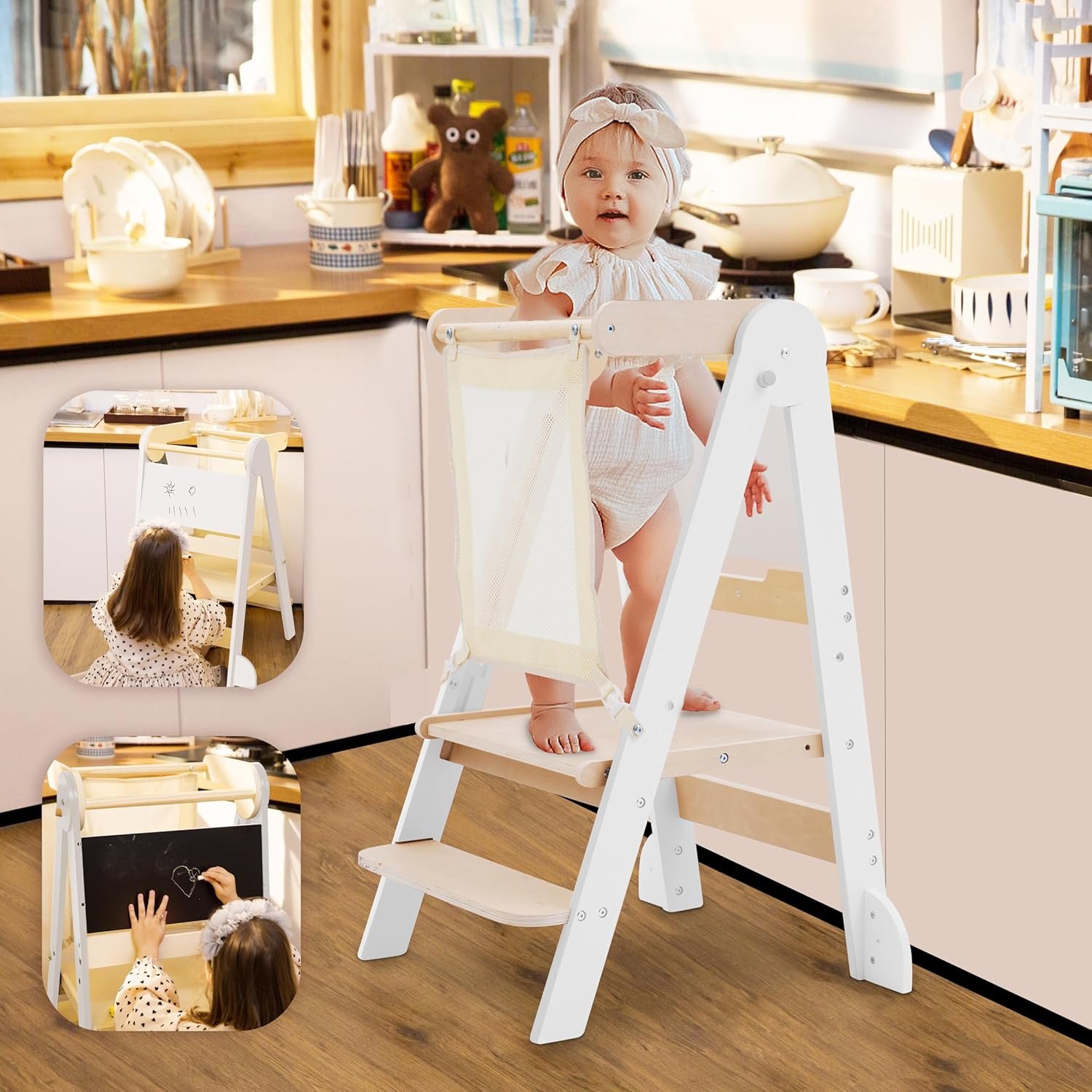 Foldable Toddler Standing Tower,2-Adjustable Height Kids Step Stool,Wooden Kitchen Helper with Whiteboard & Chalkboard,Anti-Tip Safety Rails Montessori Helper for Learning,Cooking, Ages 1-4 Years