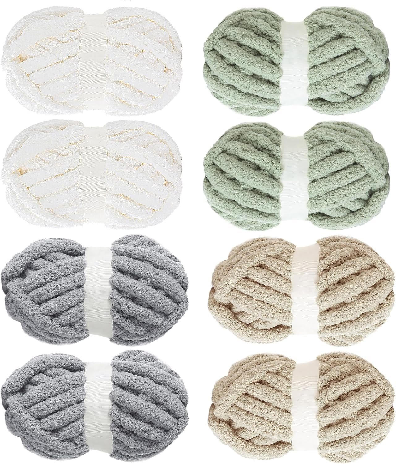 MABOZOO Assorted Chunky Yarn for Hand Knitting 8 Pack, Fluffy Jumbo Chenille Yarn, Soft Plush Yarn Bulky, Giant Thick Fuzzy Yarn for Arm Knitting, Cream & Khaki&Sage&Grey(31.7 yds,8 oz Each Skein)