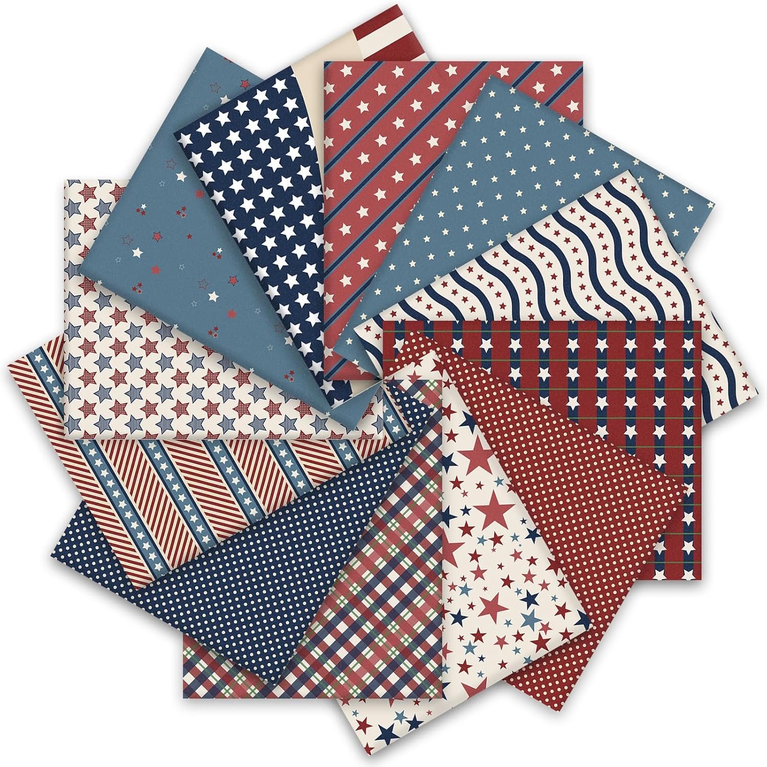 Whaline 12 Pcs Patriotic Cotton Fabric Bundles Vintage Plaid Stripe Star Fat Quarters 4th of July Quilting Patchwork for 250th Anniversary Independence Day DIY Craft Party Decor, 18 x 22 Inch