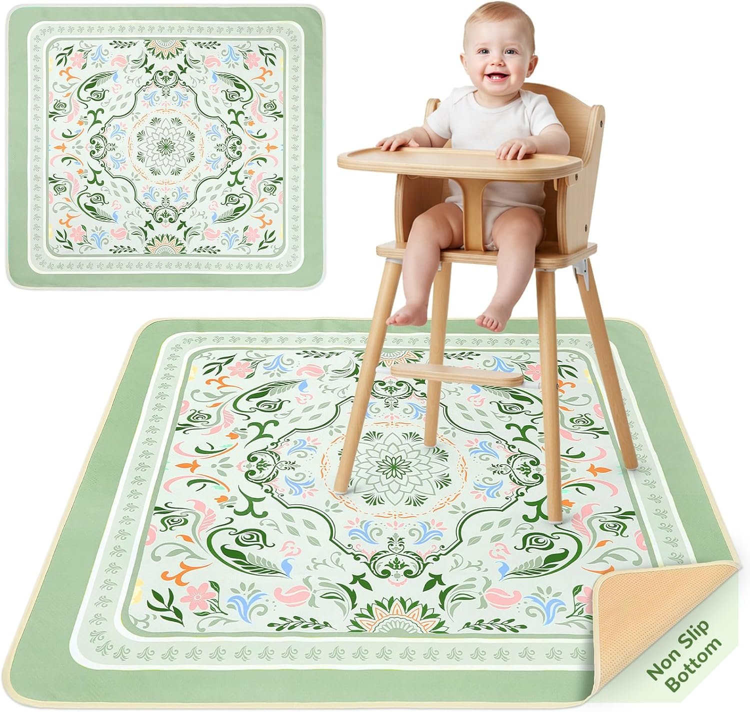 Unicorn Castle Splat Mat for Under High Chair Waterproof Baby Play Splat Mat for Art Crafts Non Slip High Chair Food Catcher Floor Mat for Baby,Green Floral