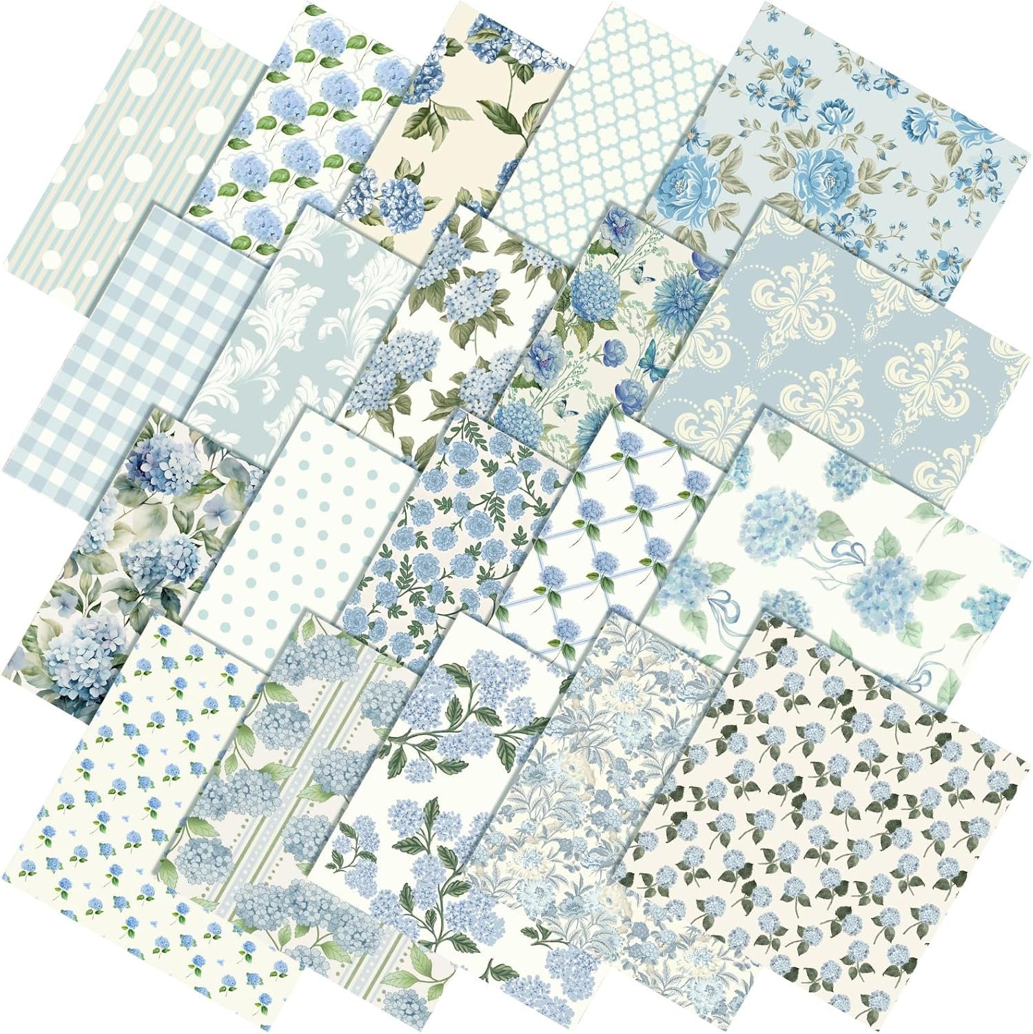 Frienda 20 Pcs Hydrangea Cotton Fabric Bundles, 18 x 22 Inch Dusty Blue Floral Fabrics Squares Hydrangea Printed Flower Plaid Stripe Fat Quarters Spring Sewing Fabrics for Home DIY Craft Supplies