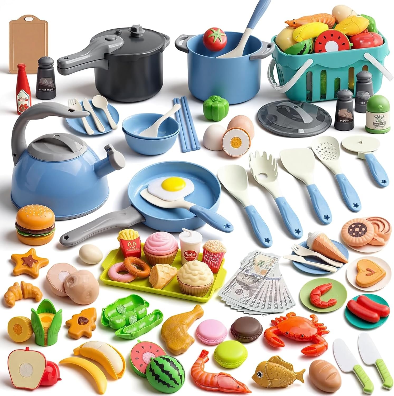 130Pcs Kitchen Playset, Toddler Pretend Cooking Play Pots, Pans, Utensils Cookware, Daily Food Fruit Veges, Shopping Storage Basket, Dessert, Prop Money, Learning Gift for Child (Blue)