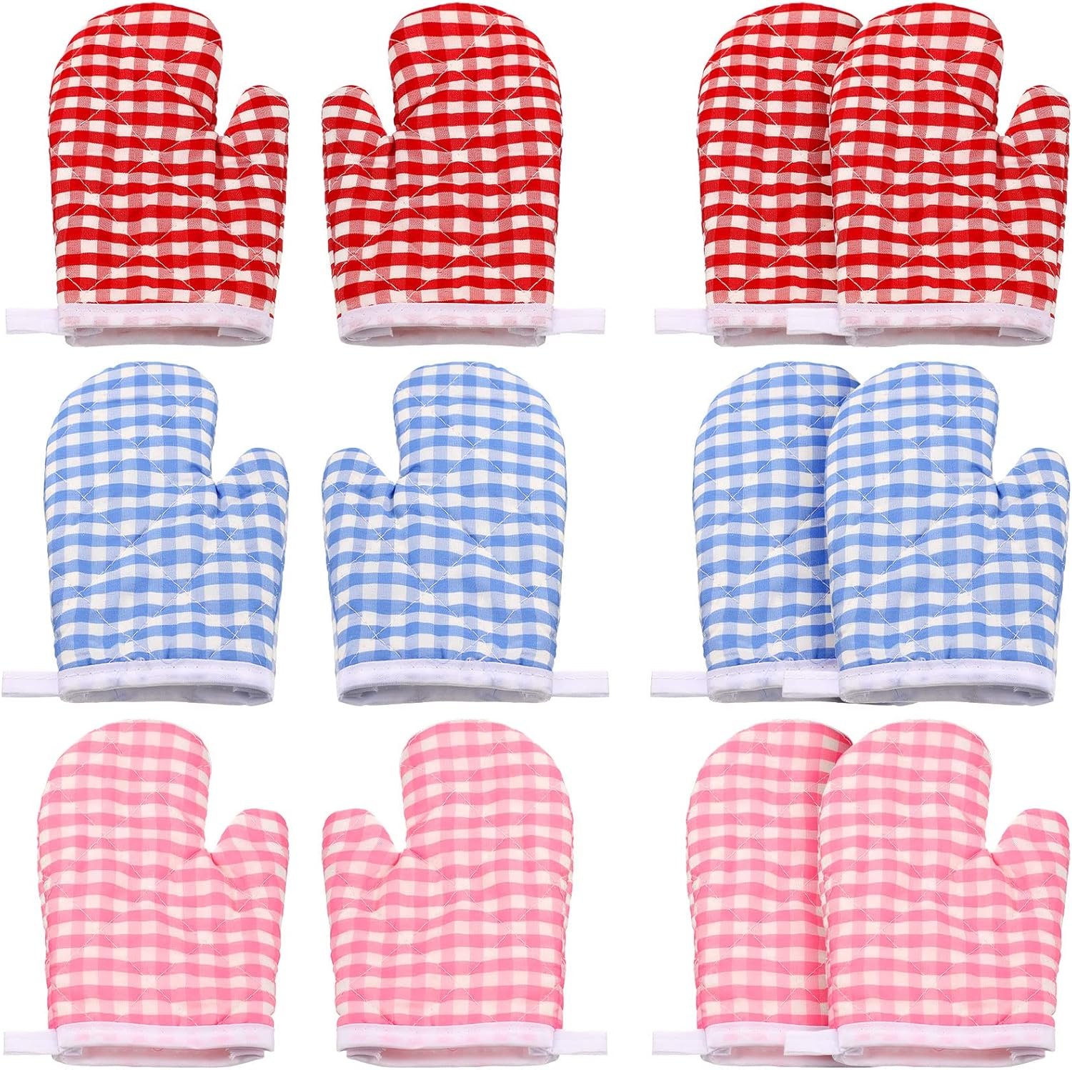6 Pair /12 Pcs Kids Oven Mitts for Play Kitchen, 6.8 x 4.7”, Thin Toddler Oven Mitts, Children Microwave Gill Glove for Safe Cooking Backing BBQ Griddle Game Accessories, Age 2-8(Red, Pink, Blue)