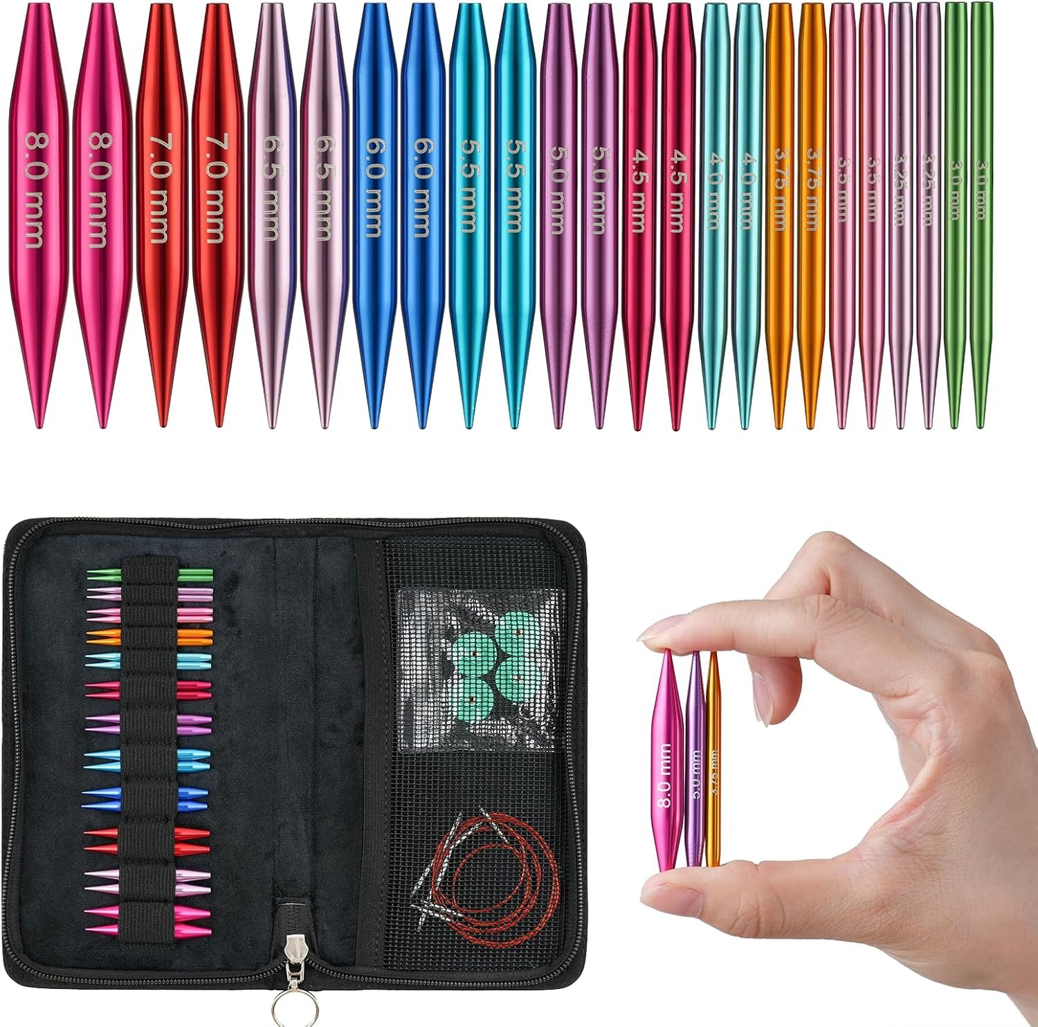 Guclud Short Interchangeable Knitting Needles Set 2-Inch Shorties Circular Knitting Needles for Sock, Sizes US 2.5, 3, 4, 5, 6, 7, 8, 9, 10, 10.5, 11 with Cables, Accessories and Case (12 Pairs)