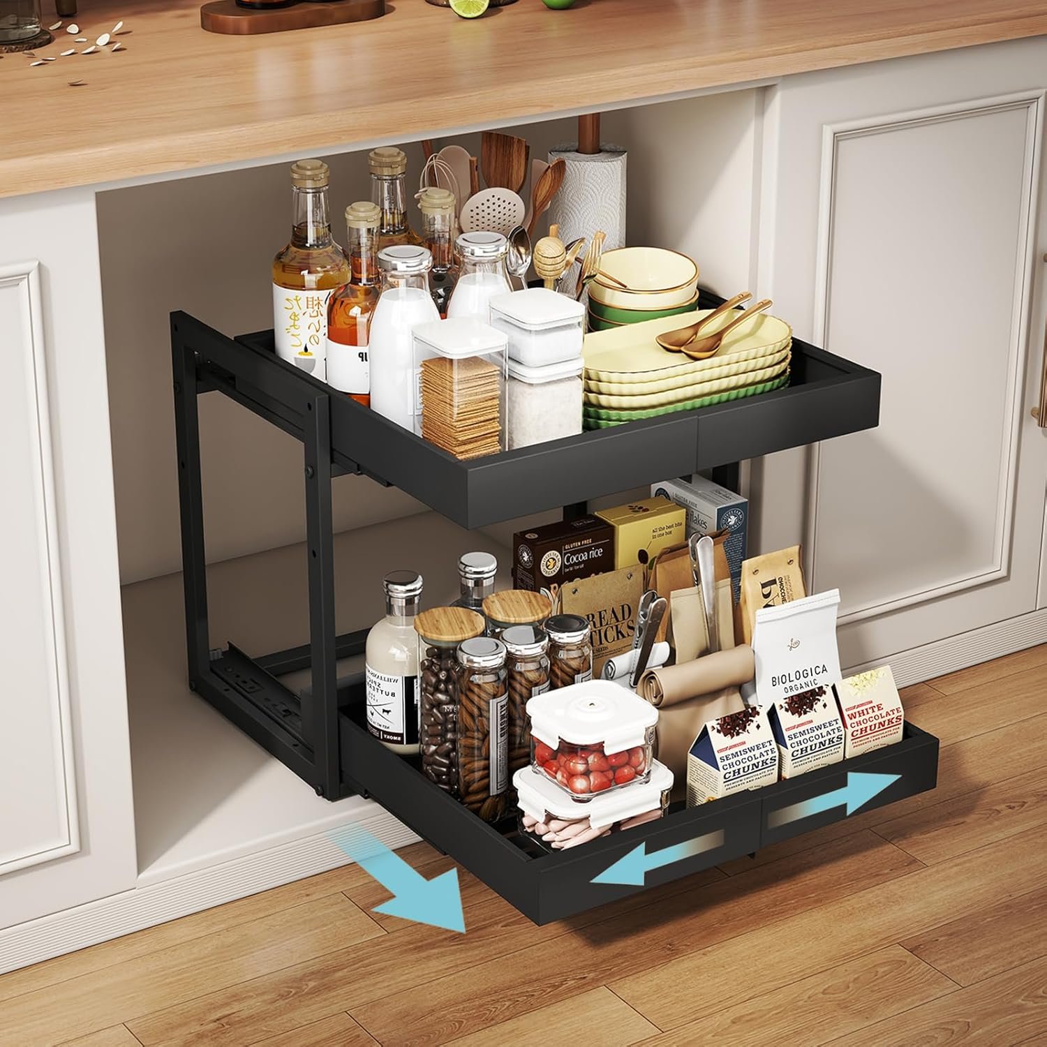 Golener 2-Tier Expandable Pull Out Cabinet Organizer – Pull-Out Drawers for Kitchen Cabinets, 2 Slide Home Storage Organizers, Slide Out Shelves for Base Cabinet Organization in Kitchen, Black Metal