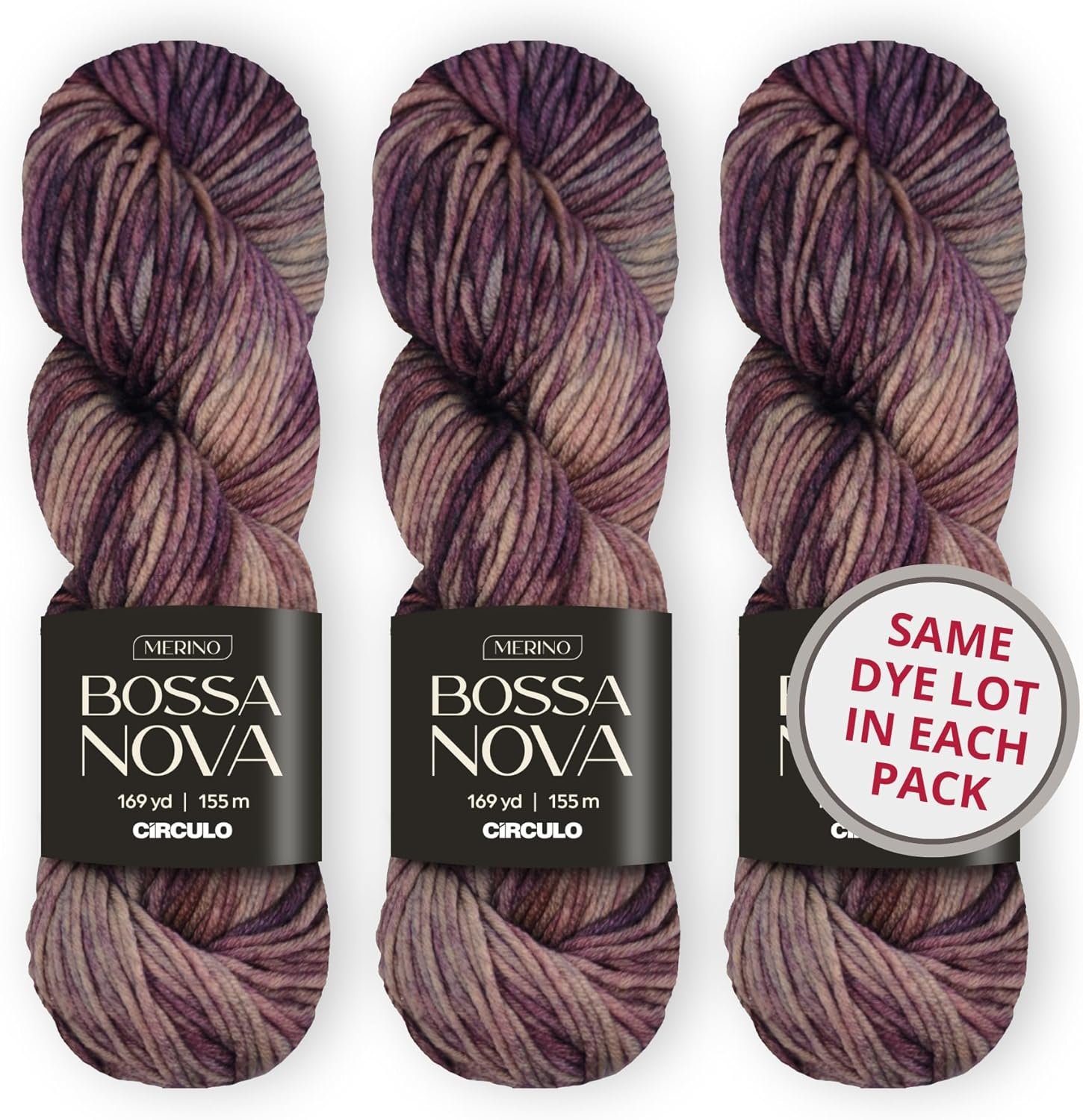 Circulo Bossa Nova Yarn, 3-Skeins Same Dye Lot, Hand-Dyed,100% Superwash Merino Wool, Worsted Weight for Knitting & Crochet, Color 9975 – Aubergine