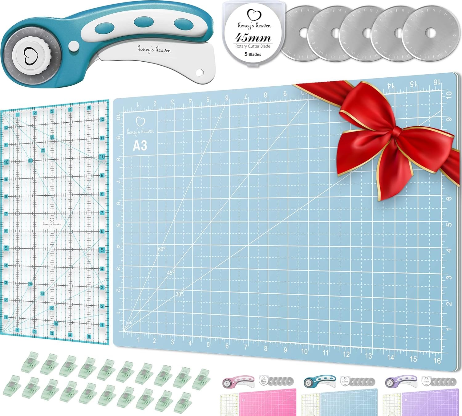 Rotary Cutter Set turquoise – Quilting Kit incl. 45mm Fabric Cutter, 5 Replacement Blades, A3 Cutting Mat, Acrylic Ruler and Craft Clips – Ideal for Crafting, Sewing, Patchworking, Crochet & Knitting