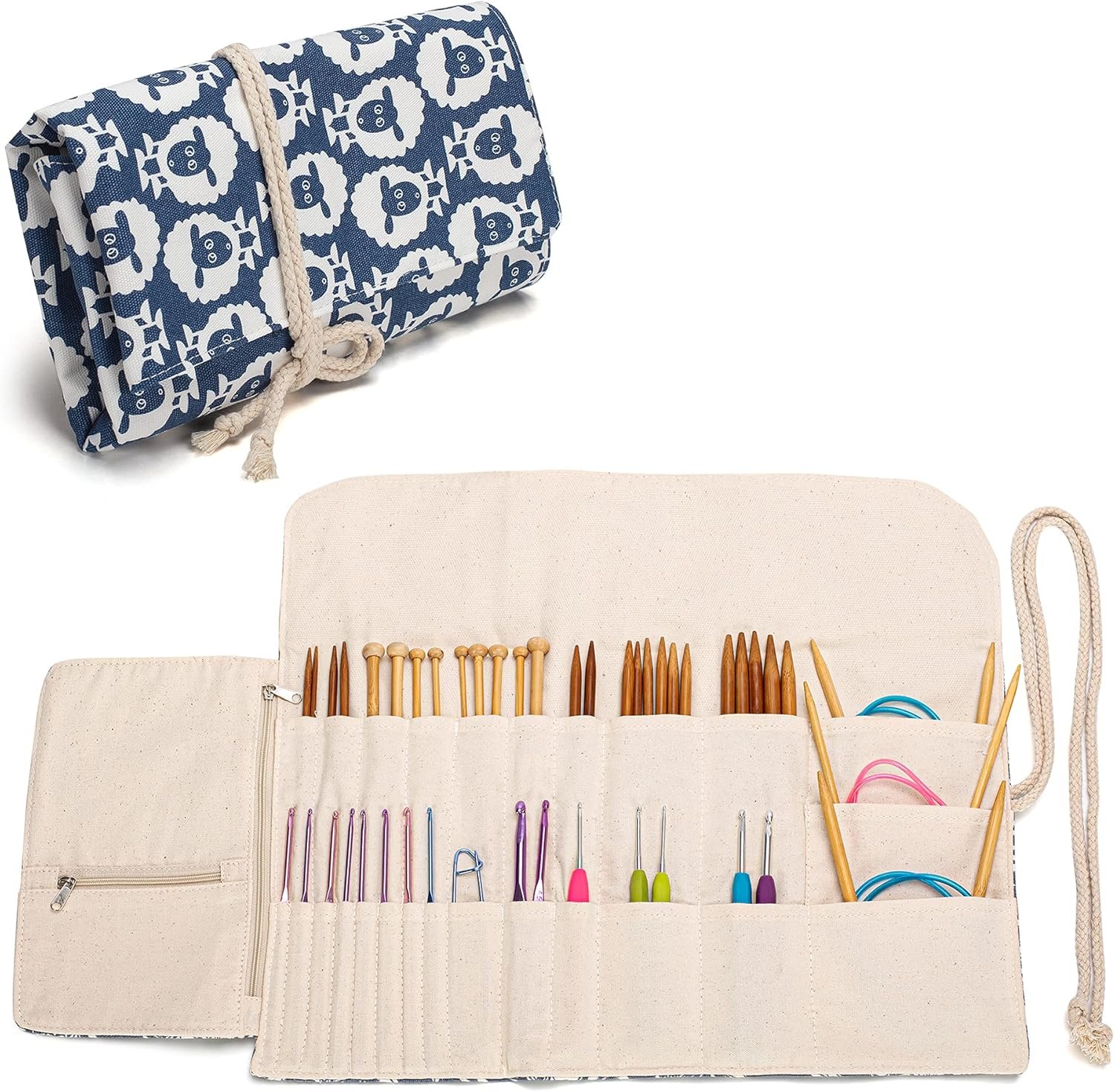 Teamoy Knitting Needles Holder Case(up to 11 Inches), Rolling Organizer for Straight and Circular Knitting Needles, Crochet Hooks and Accessories, Sheep – NO Accessories Included