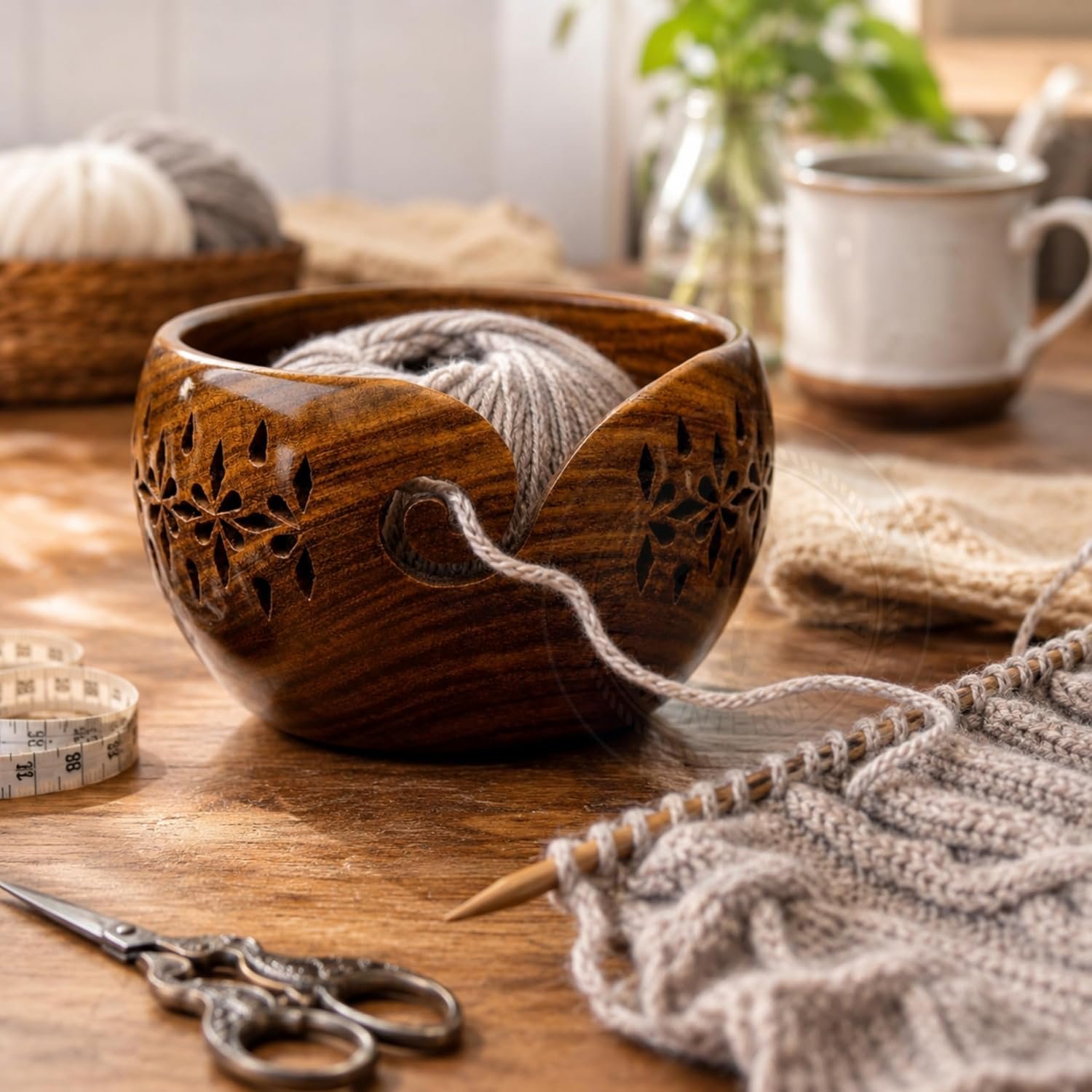 Nagina International Rosewood Crafted Wooden Yarn Storage Bowl With Carved Holes & Drills | Knitting Crochet Accessories (Large)